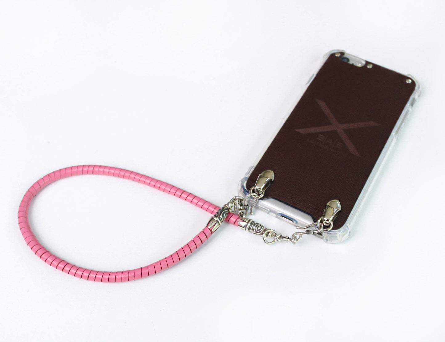 Full-Grain vegetable-tanned Genuine Leather iPhone Case. 2 Spiral Terminals, 2 Links, 2 S-clasps, and 6 Rings, all made of 925 Sterling Silver & Hand-braided Pink Genuine Leather Spiral Strap/Choker/Bracelet.- F01