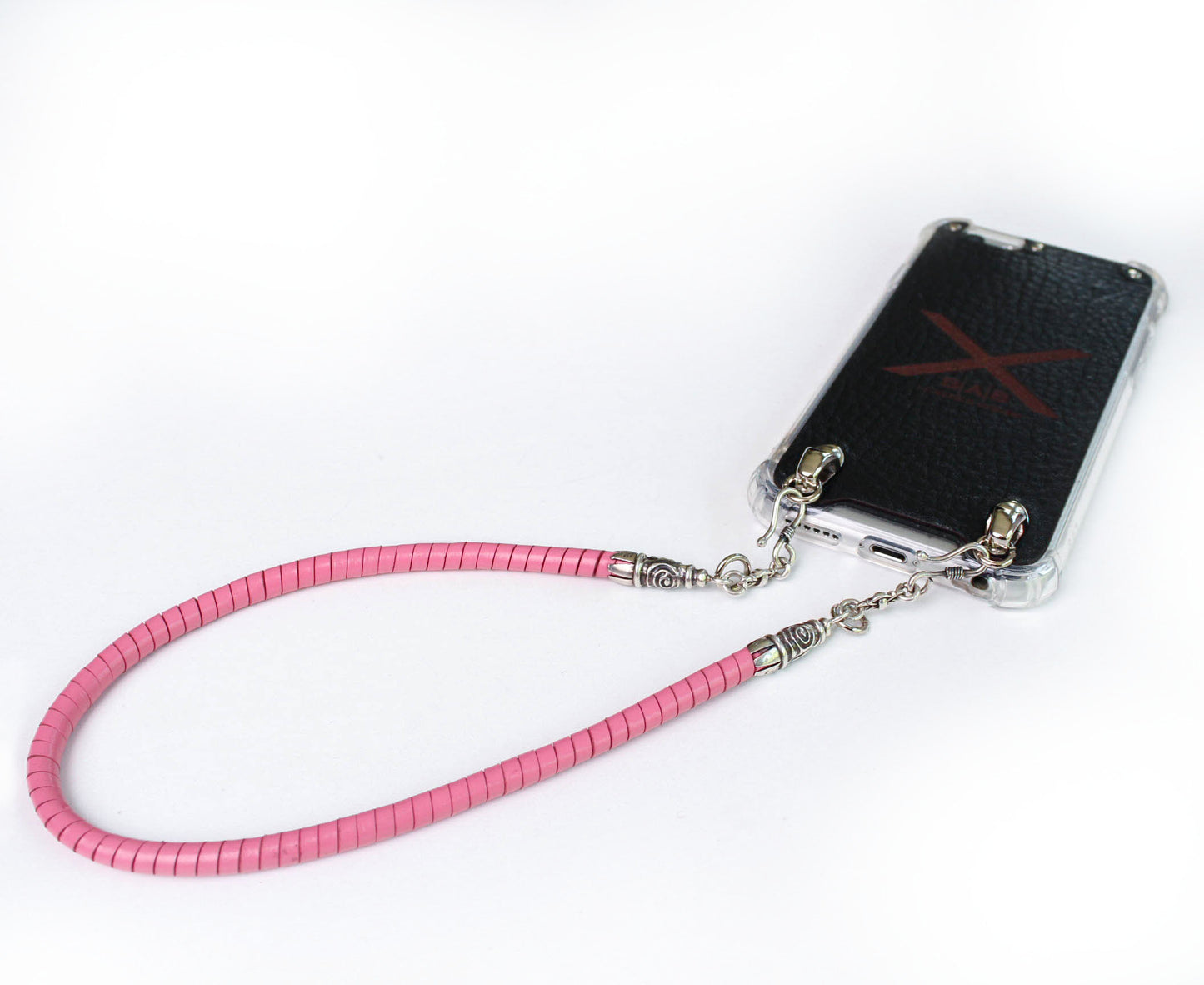 Full-Grain vegetable-tanned Genuine Leather iPhone Case. 2 Spiral Terminals, 2 Links, 2 S-clasps, and 6 Rings, all made of 925 Sterling Silver & Hand-braided Pink Genuine Leather Spiral Strap/Choker/Bracelet.- F01