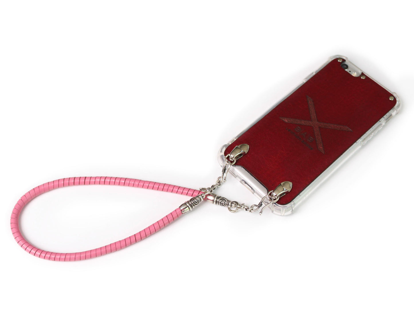 Full-Grain vegetable-tanned Genuine Leather iPhone Case. 2 Spiral Terminals, 2 Links, 2 S-clasps, and 6 Rings, all made of 925 Sterling Silver & Hand-braided Pink Genuine Leather Spiral Strap/Choker/Bracelet.- F01