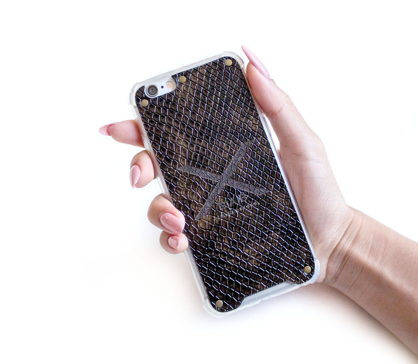 Gold Python Patent textured laser-cut & engraved Genuine Leather iPhone Case/microfiber & 5 Bronze Rivets.- F36