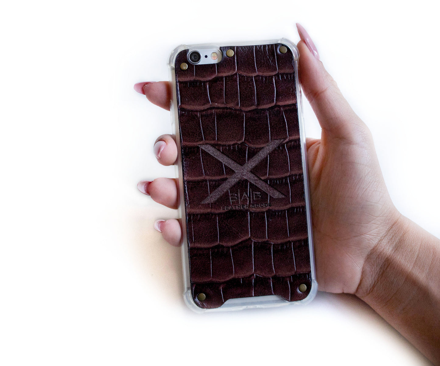 Brown Crocodile Patent textured laser-cut & engraved Genuine Leather iPhone Case/Microfiber & 5 Bronze Rivets.- F36