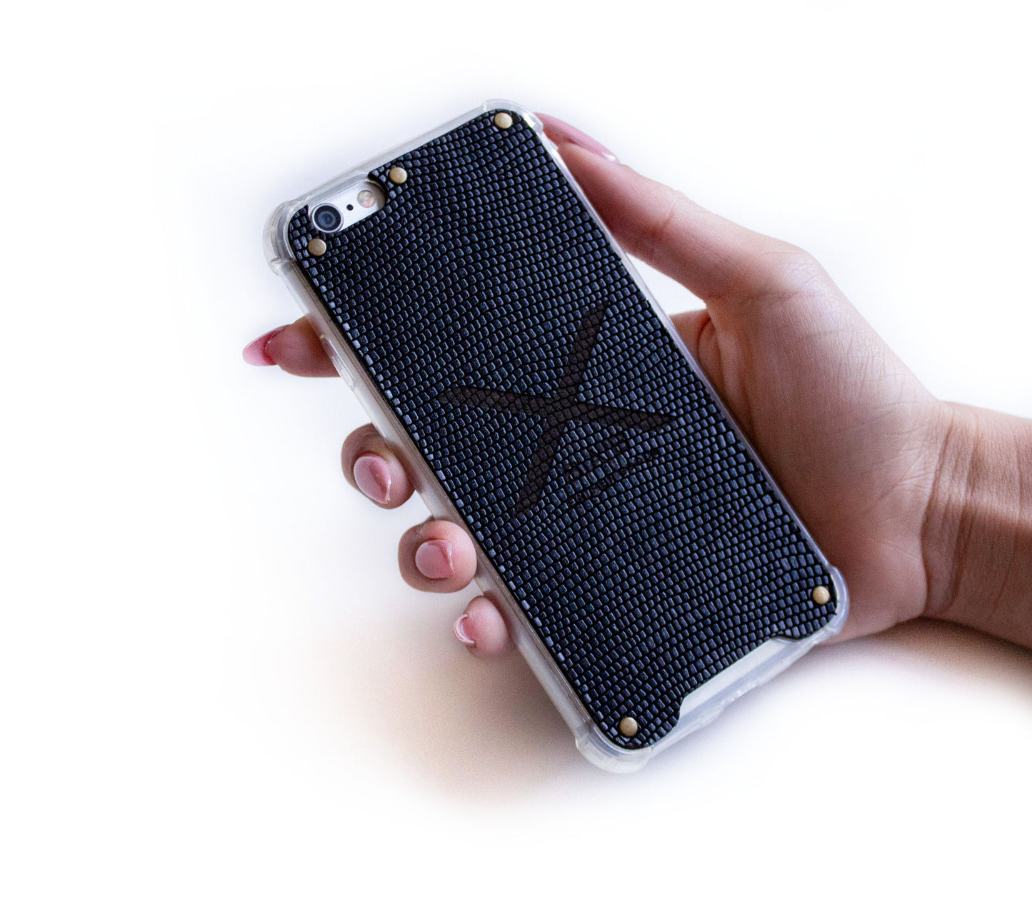Black Snake Patent Textured Laser-cut & Engraved Genuine Leather iPhone Case/microfiber & 5 Bronze Rivets.- F36