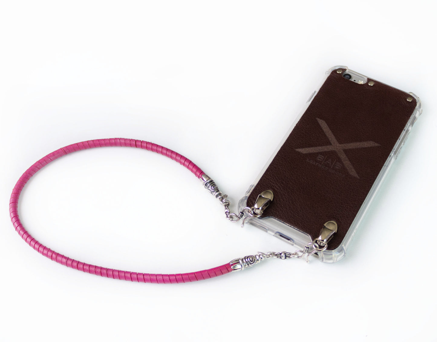 Full-Grain vegetable-tanned Genuine Leather iPhone Case. 2 Spiral terminals, 2 Links, 2 S-clasps, and 6 Rings, all made of 925 Sterling Silver & Hand-braided Fuchsia Genuine Leather Spiral Strap/Choker/Bracelet.- F01
