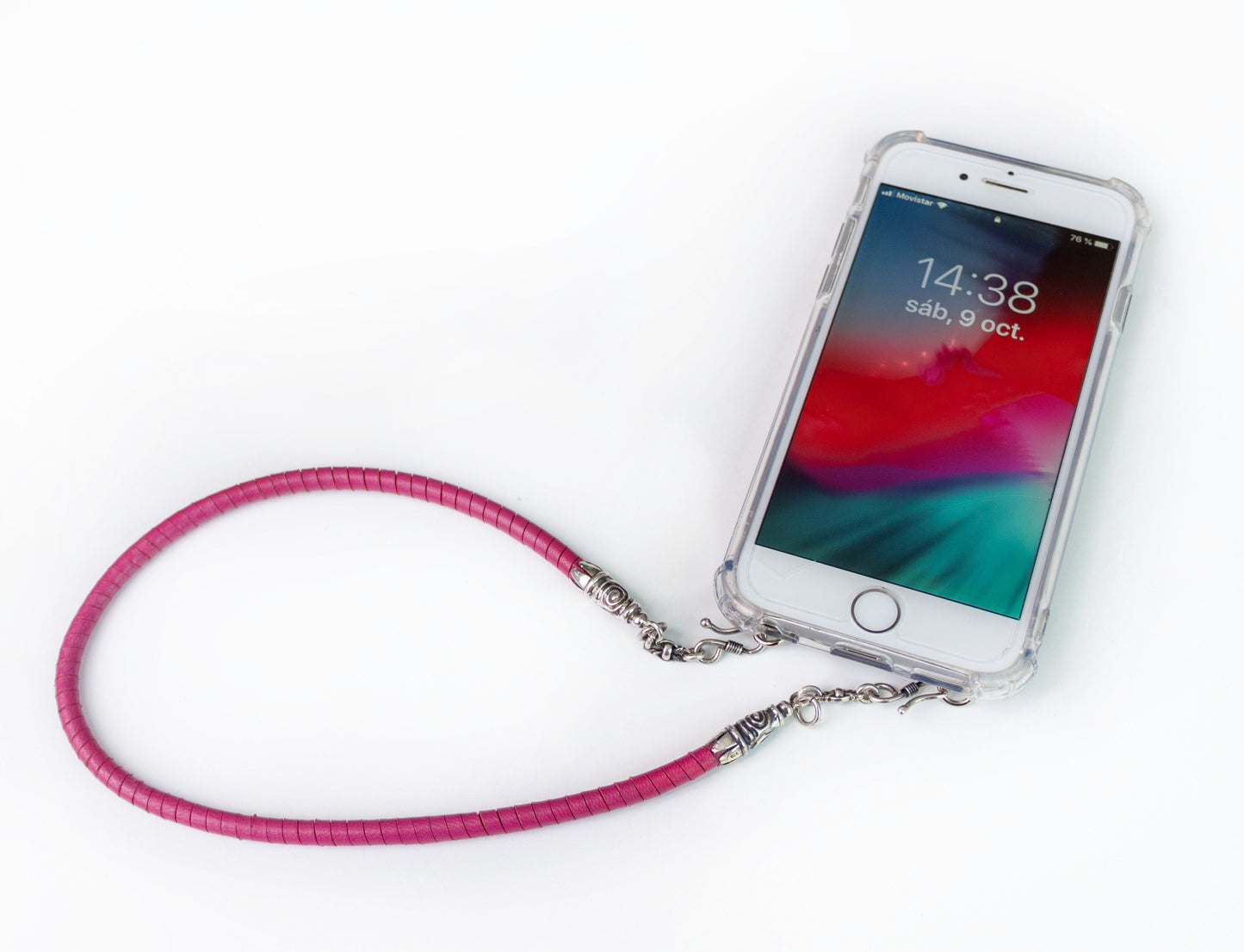 Full-Grain vegetable-tanned Genuine Leather iPhone Case. 2 Spiral terminals, 2 Links, 2 S-clasps, and 6 Rings, all made of 925 Sterling Silver & Hand-braided Fuchsia Genuine Leather Spiral Strap/Choker/Bracelet.- F01