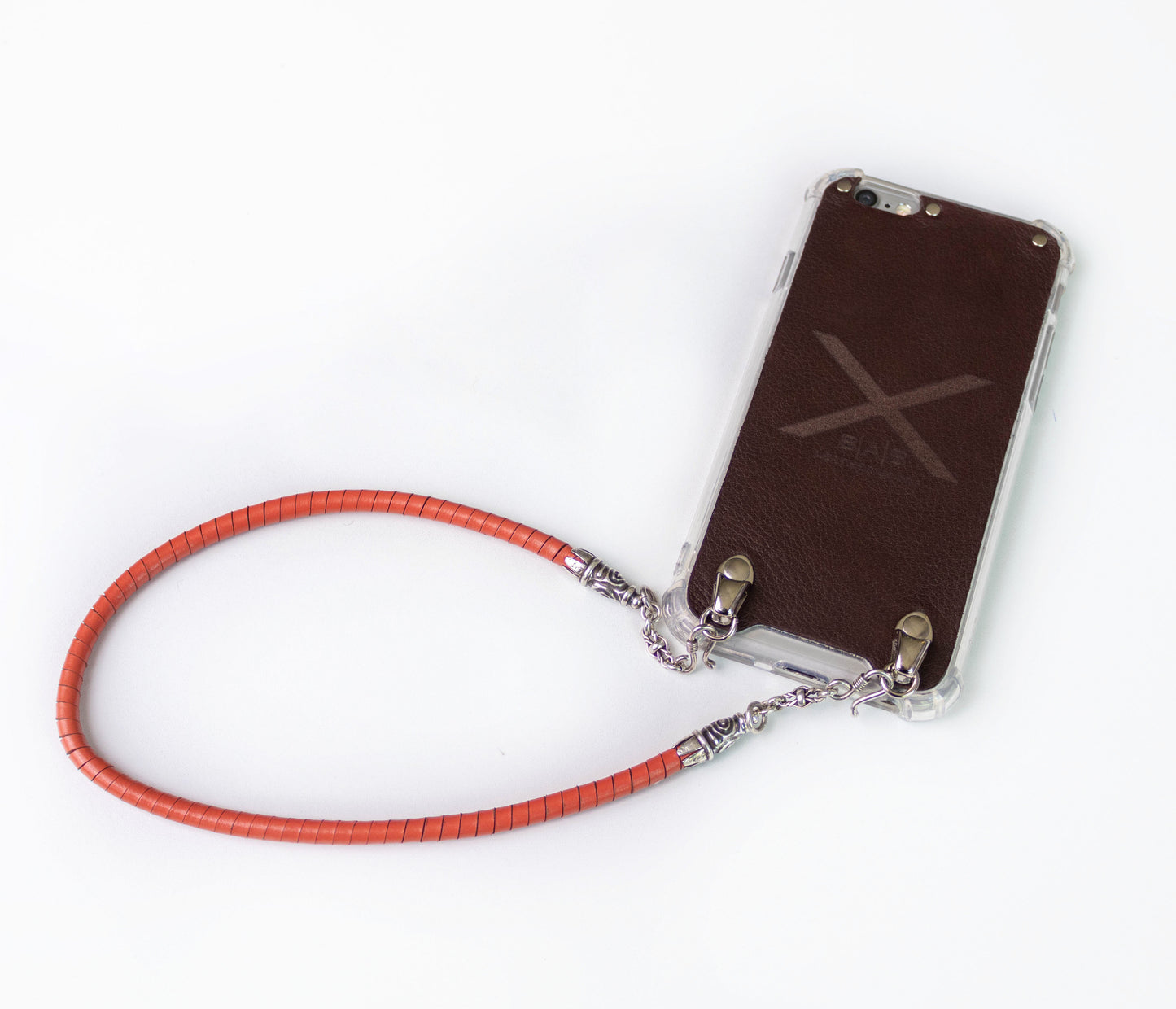 Full-Grain vegetable-tanned Genuine Leather iPhone Case. 2 Spiral terminals, 2 Links, 2 S-clasps, and 6 Rings, all made of 925 Sterling Silver & Hand-braided Orange Genuine Leather Spiral Strap/Choker/Bracelet.- F01