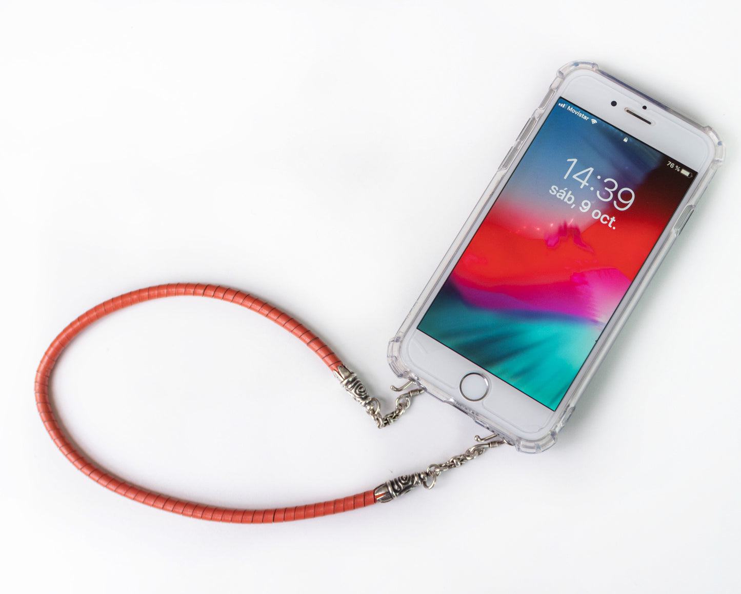 Full-Grain vegetable-tanned Genuine Leather iPhone Case. 2 Spiral terminals, 2 Links, 2 S-clasps, and 6 Rings, all made of 925 Sterling Silver & Hand-braided Orange Genuine Leather Spiral Strap/Choker/Bracelet.- F01