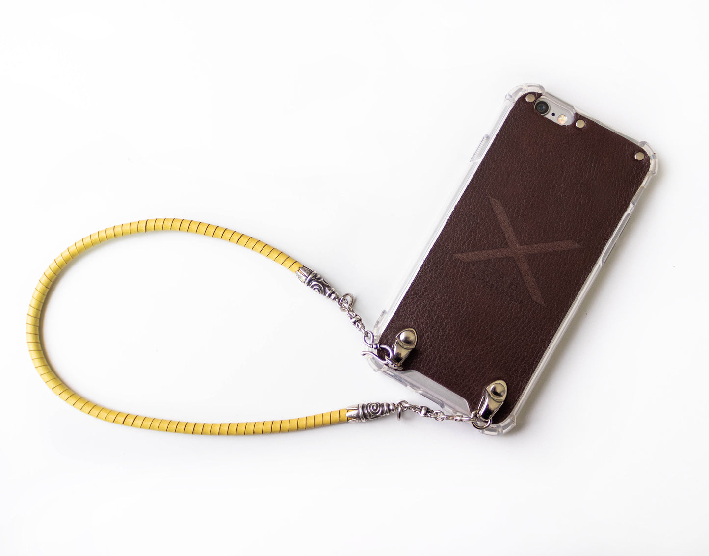 Full-Grain vegetable-tanned Genuine Leather iPhone Case. 2 Spiral terminals, 2 Links, 2 S-clasps, and 6 Rings, all made of 925 Sterling Silver & Hand-braided Yellow Genuine Leather Spiral Strap/Choker/Bracelet.- F01