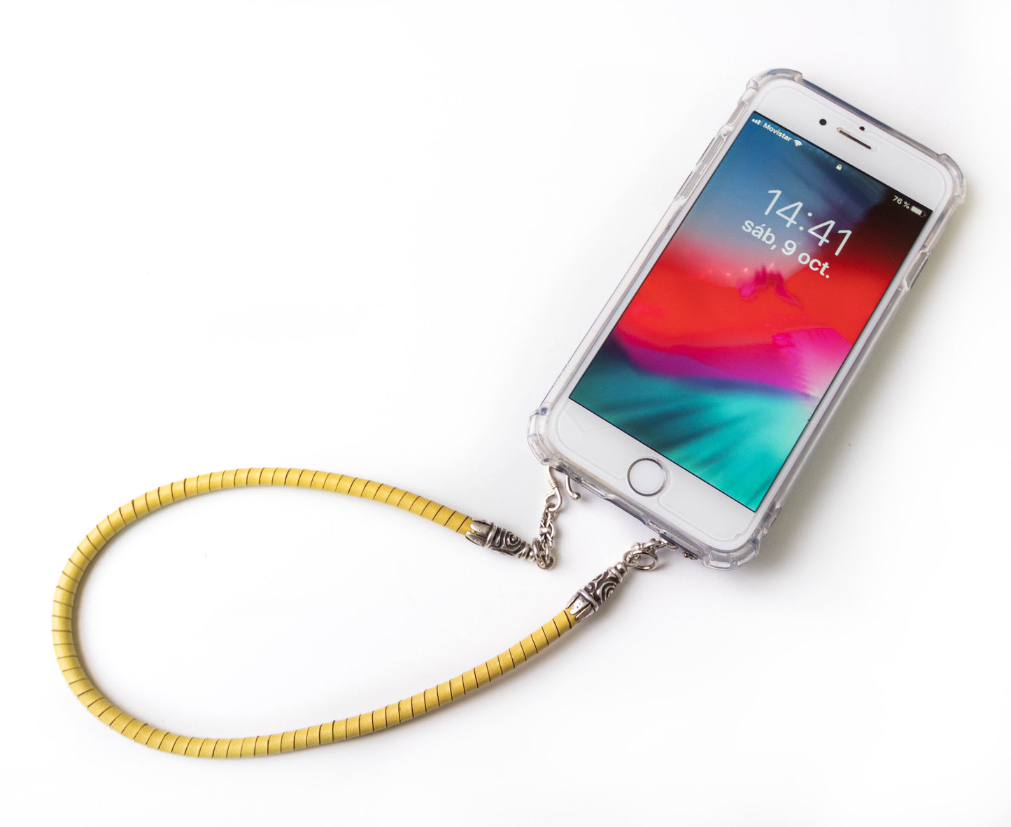 Full-Grain vegetable-tanned Genuine Leather iPhone Case. 2 Spiral terminals, 2 Links, 2 S-clasps, and 6 Rings, all made of 925 Sterling Silver & Hand-braided Yellow Genuine Leather Spiral Strap/Choker/Bracelet.- F01