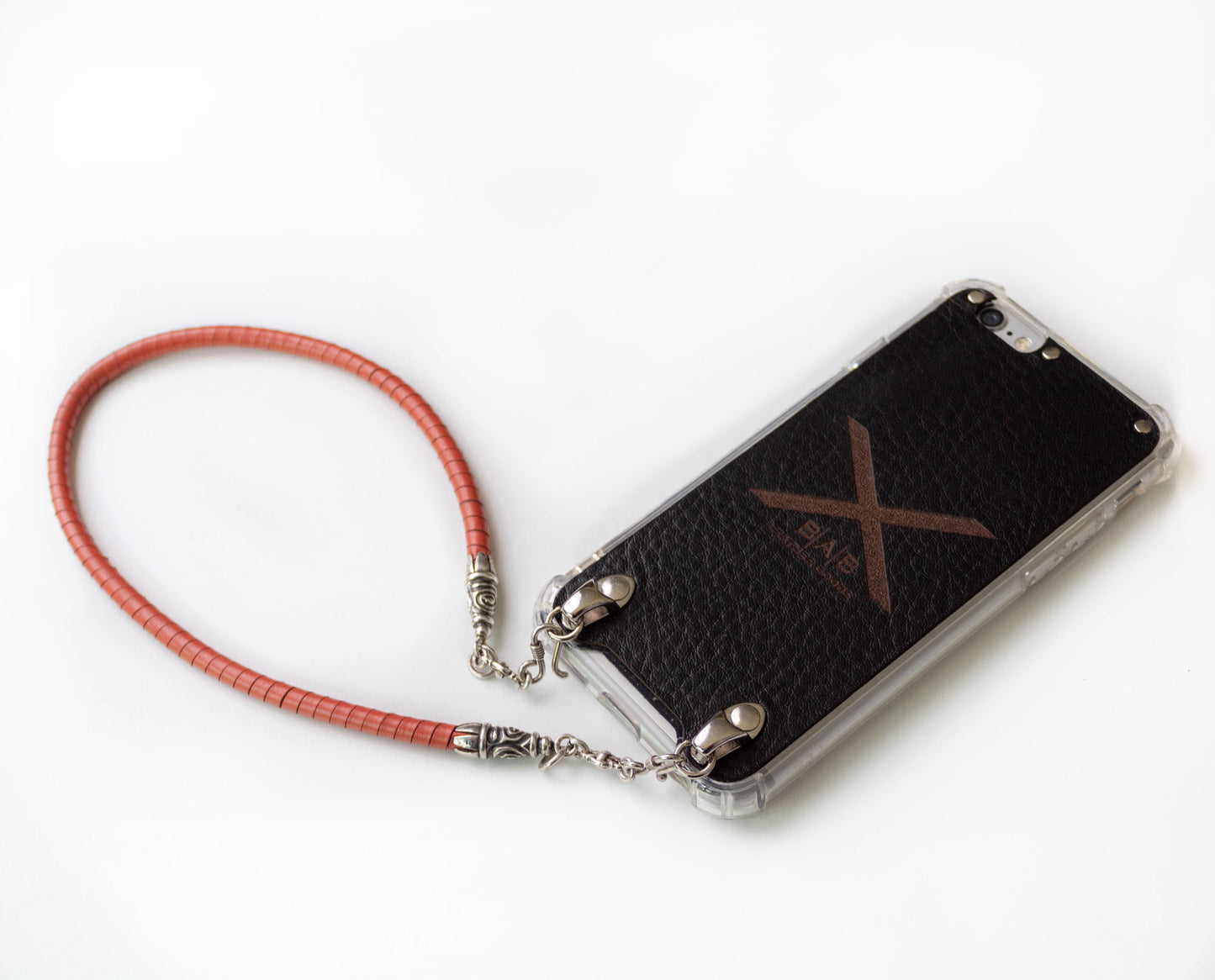 Full-Grain vegetable-tanned Genuine Leather iPhone Case. 2 Spiral terminals, 2 Links, 2 S-clasps, and 6 Rings, all made of 925 Sterling Silver & Hand-braided Orange Genuine Leather Spiral Strap/Choker/Bracelet.- F01