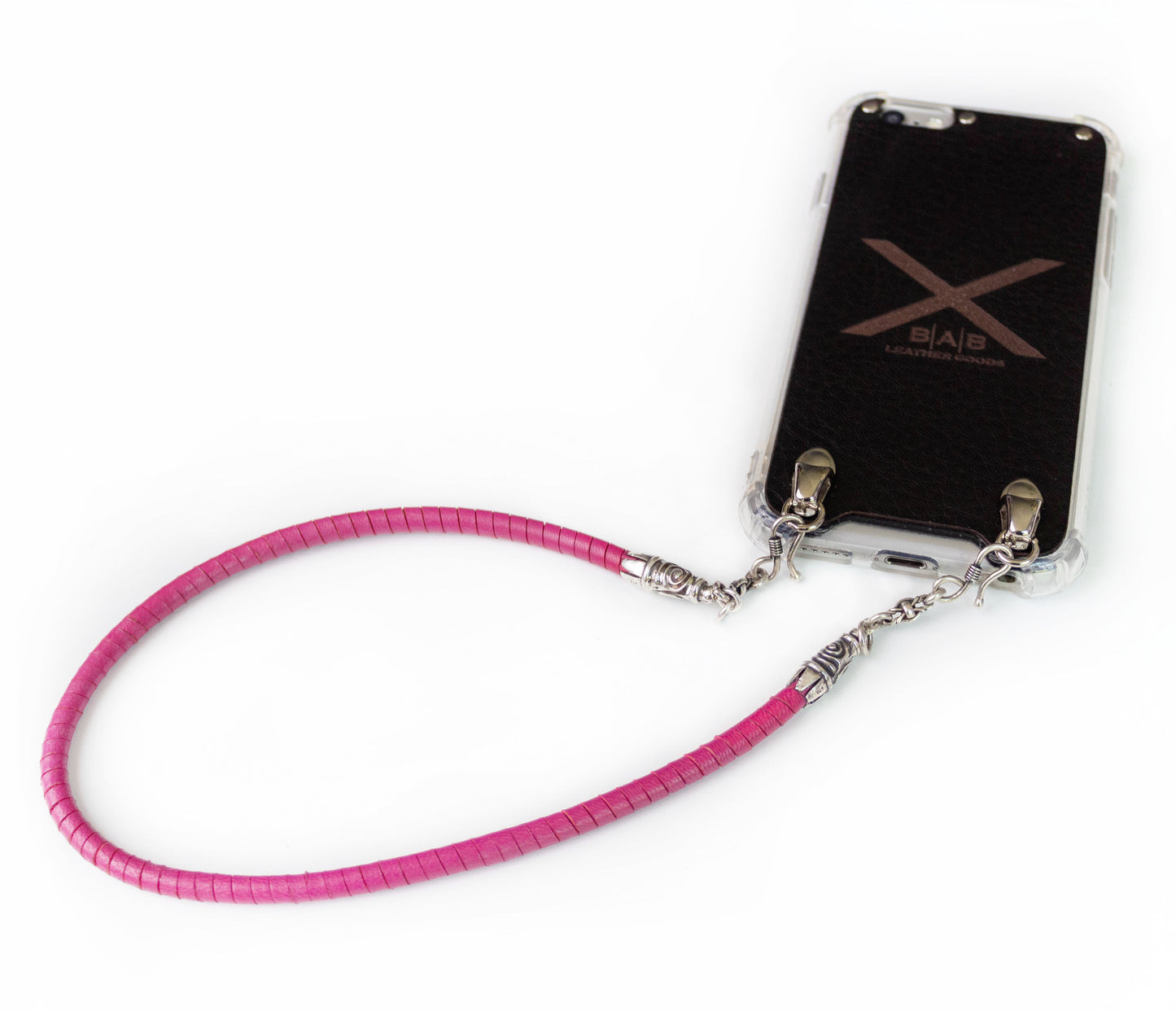 Full-Grain vegetable-tanned Genuine Leather iPhone Case. 2 Spiral terminals, 2 Links, 2 S-clasps, and 6 Rings, all made of 925 Sterling Silver & Hand-braided Fuchsia Genuine Leather Spiral Strap/Choker/Bracelet.- F01
