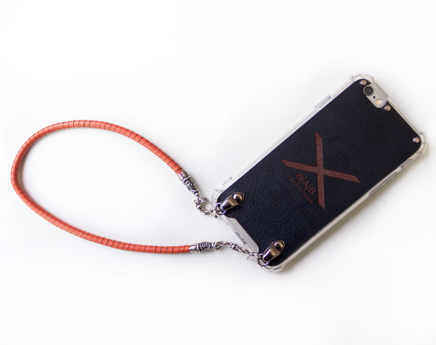Full-Grain vegetable-tanned Genuine Leather iPhone Case. 2 Spiral terminals, 2 Links, 2 S-clasps, and 6 Rings, all made of 925 Sterling Silver & Hand-braided Orange Genuine Leather Spiral Strap/Choker/Bracelet.- F01
