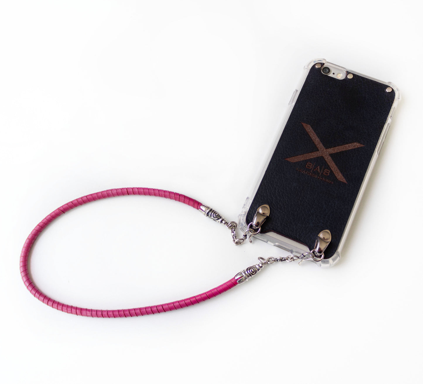 Full-Grain vegetable-tanned Genuine Leather iPhone Case. 2 Spiral terminals, 2 Links, 2 S-clasps, and 6 Rings, all made of 925 Sterling Silver & Hand-braided Fuchsia Genuine Leather Spiral Strap/Choker/Bracelet.- F01