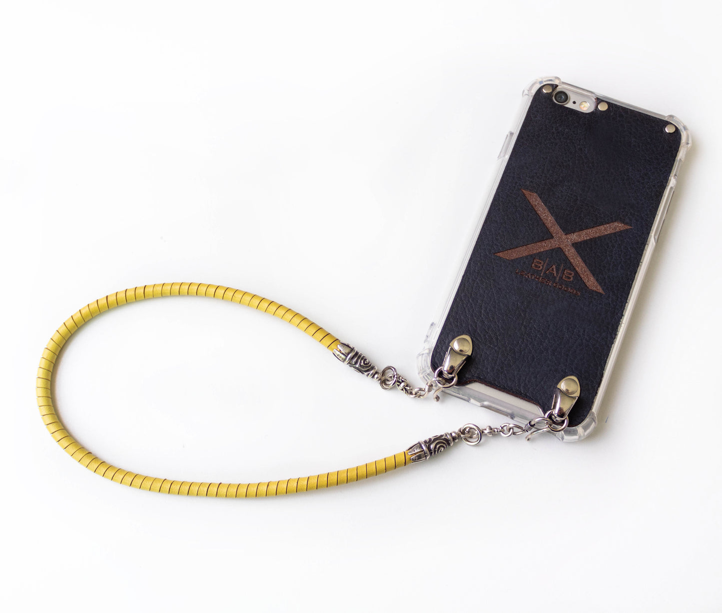 Full-Grain vegetable-tanned Genuine Leather iPhone Case. 2 Spiral terminals, 2 Links, 2 S-clasps, and 6 Rings, all made of 925 Sterling Silver & Hand-braided Yellow Genuine Leather Spiral Strap/Choker/Bracelet.- F01
