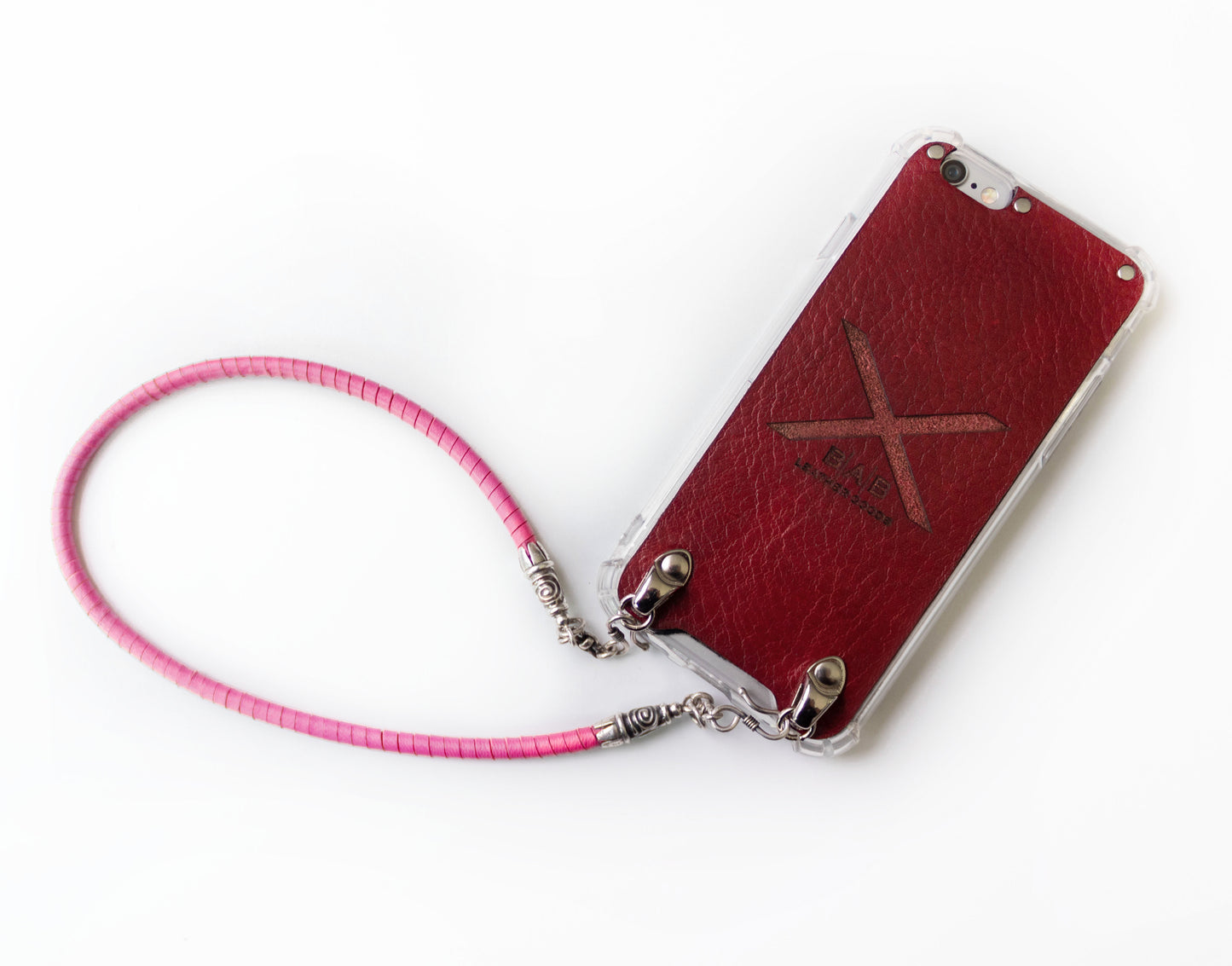 Full-Grain vegetable-tanned Genuine Leather iPhone Case. 2 Spiral terminals, 2 Links, 2 S-clasps, and 6 Rings, all made of 925 Sterling Silver & Hand-braided Fuchsia Genuine Leather Spiral Strap/Choker/Bracelet.- F01