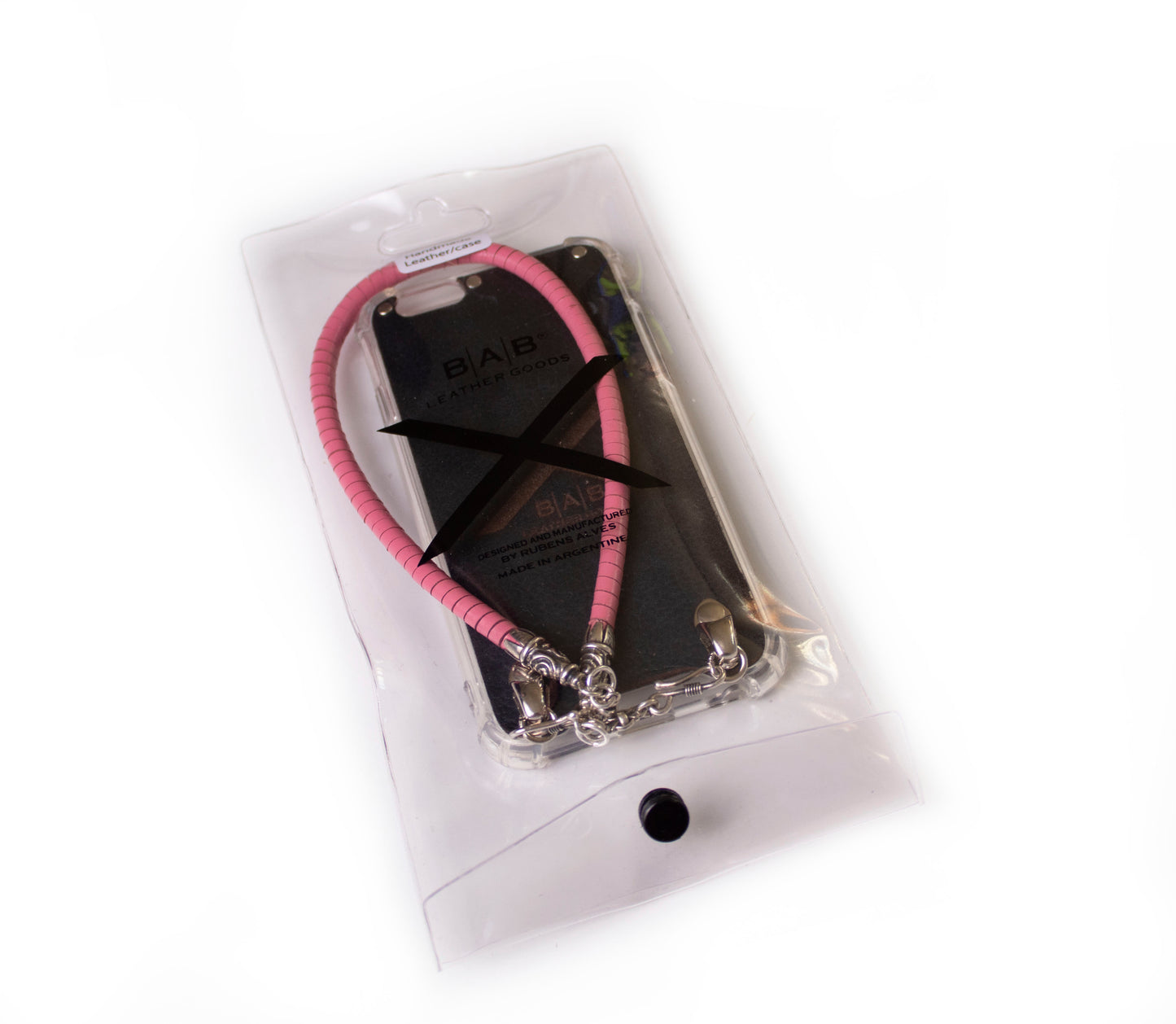 Full-Grain vegetable-tanned Genuine Leather iPhone Case. 2 Spiral Terminals, 2 Links, 2 S-clasps, and 6 Rings, all made of 925 Sterling Silver & Hand-braided Pink Genuine Leather Spiral Strap/Choker/Bracelet.- F01