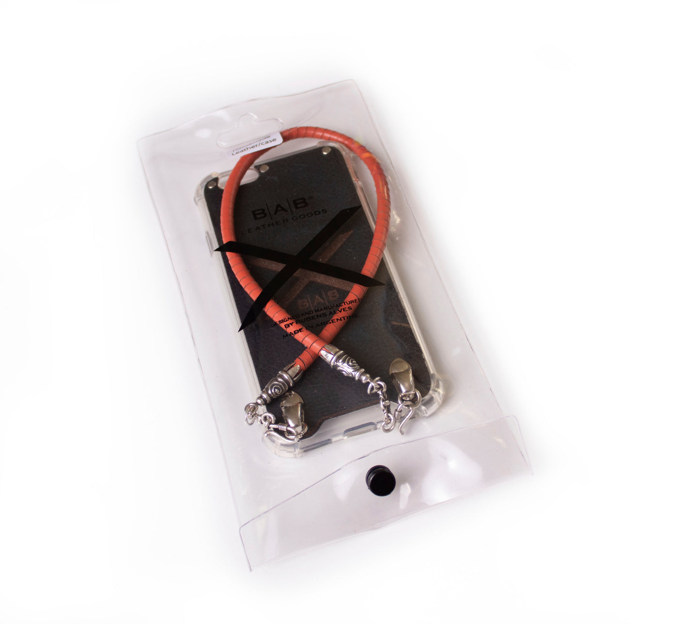 Full-Grain vegetable-tanned Genuine Leather iPhone Case. 2 Spiral terminals, 2 Links, 2 S-clasps, and 6 Rings, all made of 925 Sterling Silver & Hand-braided Orange Genuine Leather Spiral Strap/Choker/Bracelet.- F01