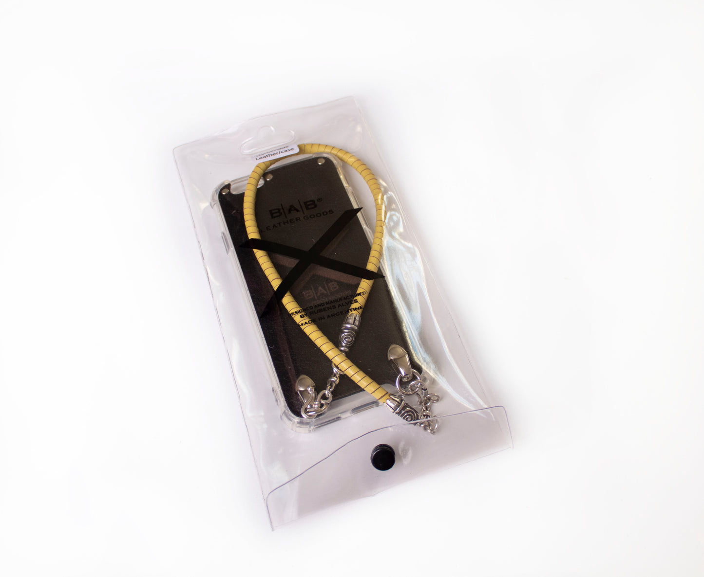 Full-Grain vegetable-tanned Genuine Leather iPhone Case. 2 Spiral terminals, 2 Links, 2 S-clasps, and 6 Rings, all made of 925 Sterling Silver & Hand-braided Yellow Genuine Leather Spiral Strap/Choker/Bracelet.- F01