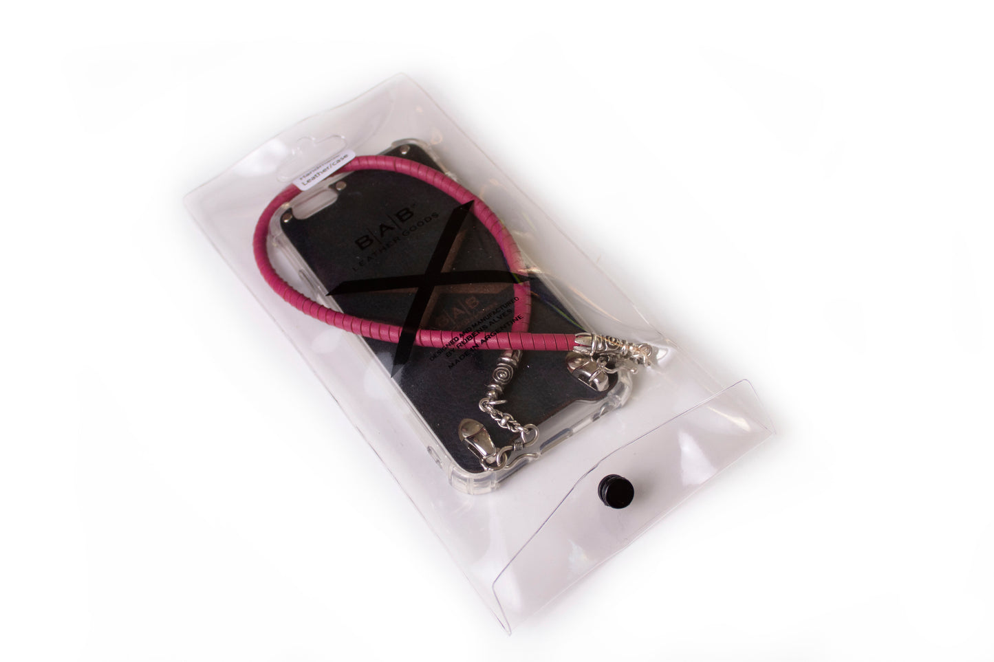 Full-Grain vegetable-tanned Genuine Leather iPhone Case. 2 Spiral terminals, 2 Links, 2 S-clasps, and 6 Rings, all made of 925 Sterling Silver & Hand-braided Fuchsia Genuine Leather Spiral Strap/Choker/Bracelet.- F01