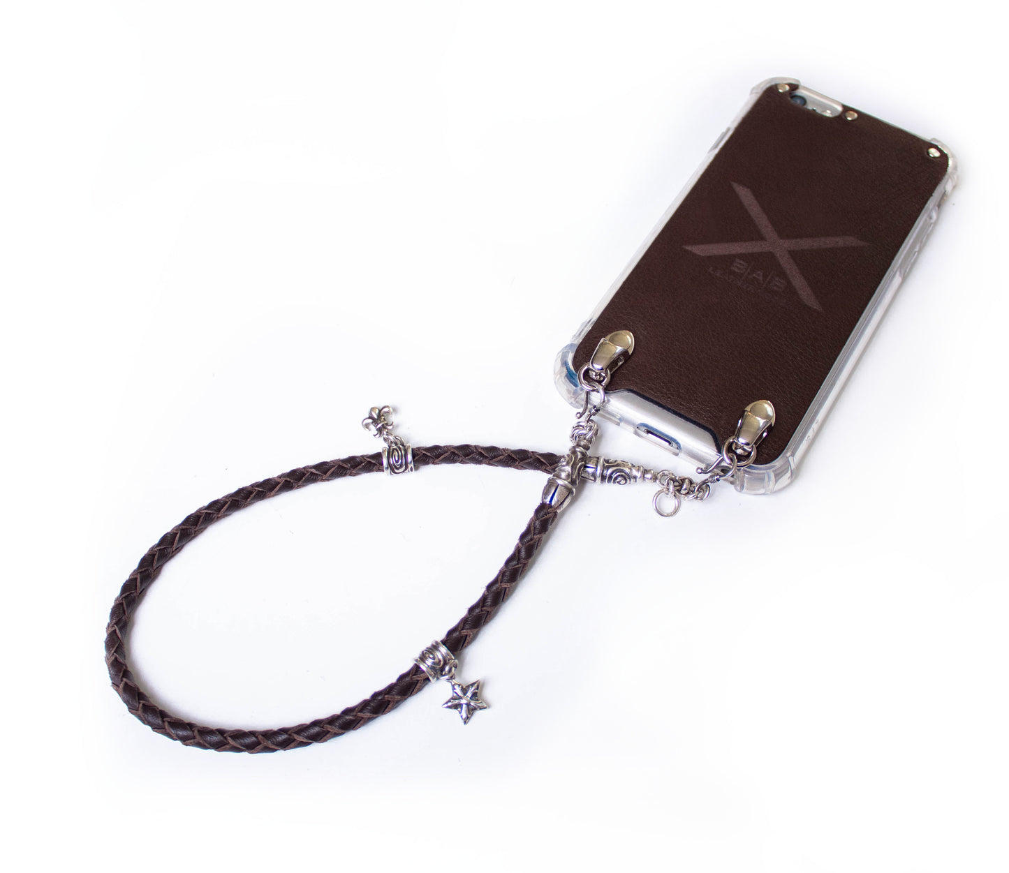 Funda de Cuero Genuino Full-Grain curtido vegetal. 2 Terminales en Espiral, 2 Eslabones, 2 Cierres S, 2 Pasadores con 2 Pendientes y 8 Argollas, de Plata 925 para iPhone/microfibra & Correa/Gargantilla/Pulsera Cuero Marrón 4 cabos trenzados a mano.- F02