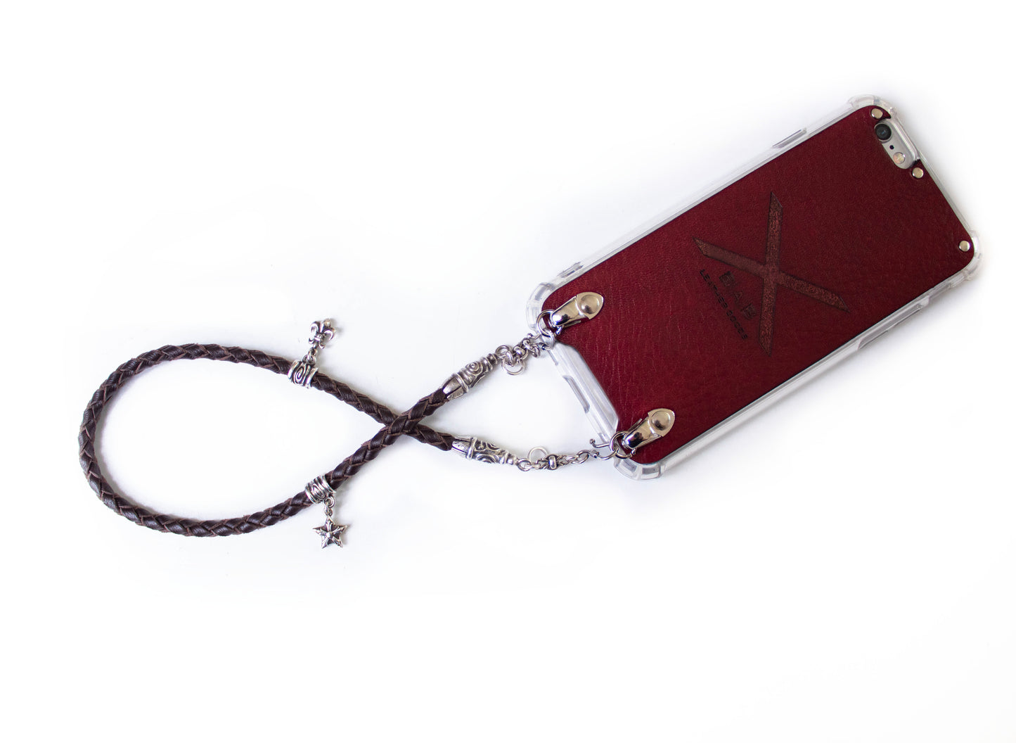Funda de Cuero Genuino Full-Grain curtido vegetal. 2 Terminales en Espiral, 2 Eslabones, 2 Cierres S, 2 Pasadores con 2 Pendientes y 8 Argollas, de Plata 925 para iPhone/microfibra & Correa/Gargantilla/Pulsera Cuero Marrón 4 cabos trenzados a mano.- F02