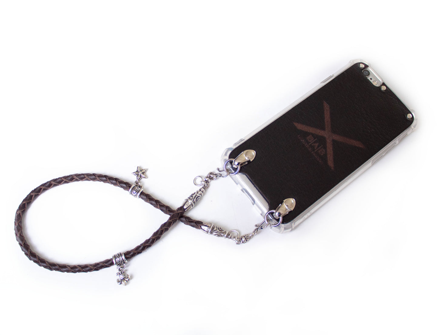 Funda de Cuero Genuino Full-Grain curtido vegetal. 2 Terminales en Espiral, 2 Eslabones, 2 Cierres S, 2 Pasadores con 2 Pendientes y 8 Argollas, de Plata 925 para iPhone/microfibra & Correa/Gargantilla/Pulsera Cuero Marrón 4 cabos trenzados a mano.- F02