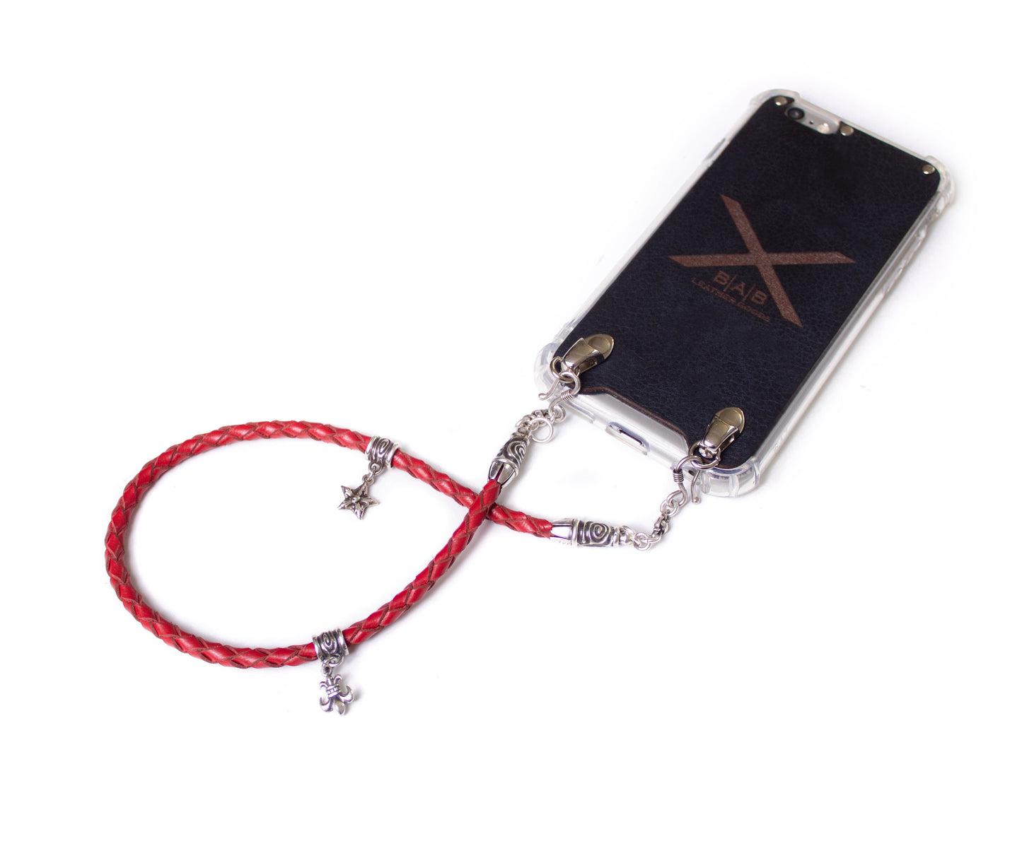 Capa em Couro Genuíno de Flor Integral curtido vegetal para iPhone/microfibra. 2 Terminais Espirais, 2 Elos, 2 Fechos S, 2 Pinos com Pingentes e 8 Argolas, todos de Prata 925 & Correia/Gargantilha/Pulseira de Couro Vermelho 4 fios trançados à mão.- F02