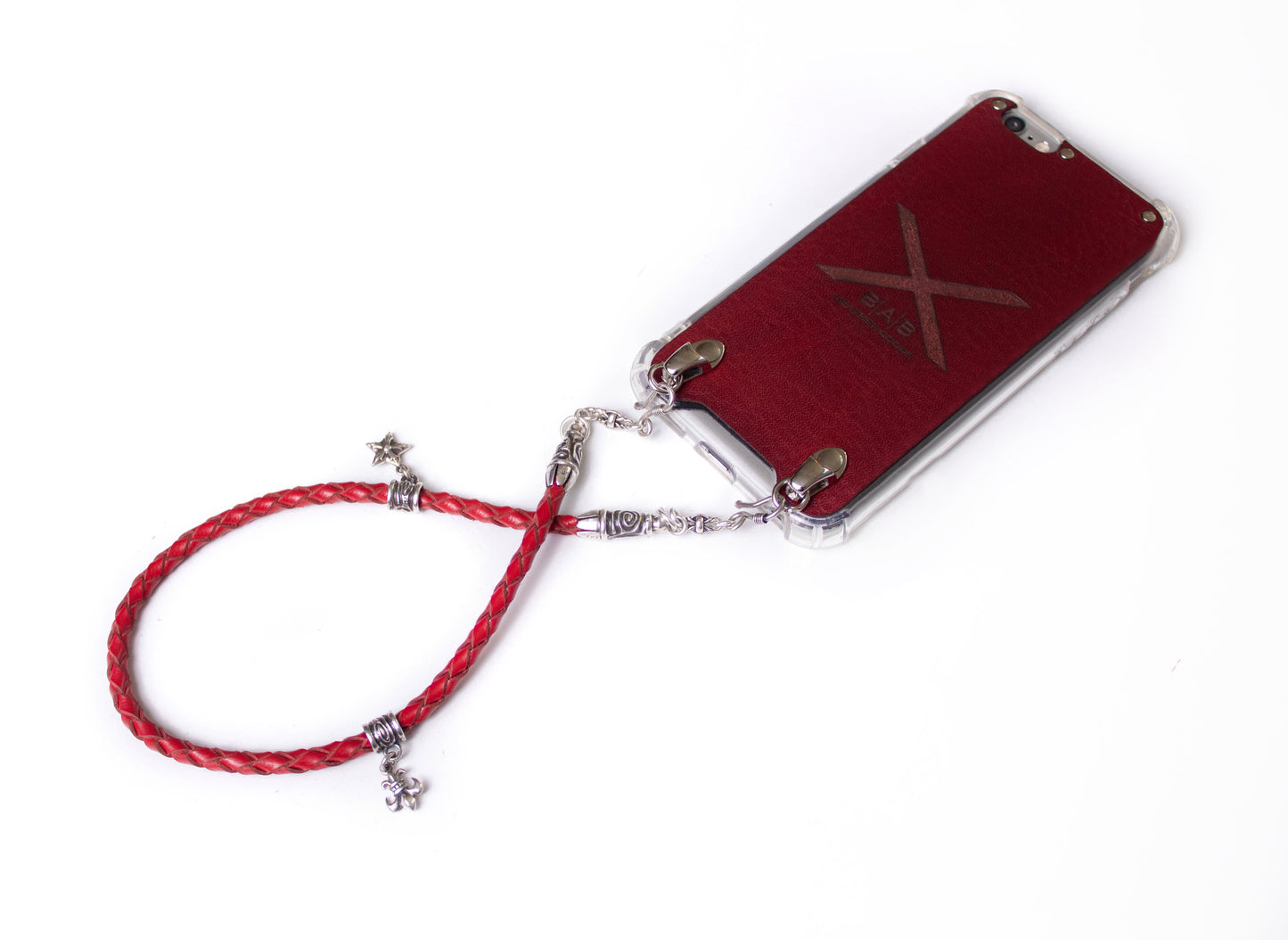 Capa em Couro Genuíno de Flor Integral curtido vegetal para iPhone/microfibra. 2 Terminais Espirais, 2 Elos, 2 Fechos S, 2 Pinos com Pingentes e 8 Argolas, todos de Prata 925 & Correia/Gargantilha/Pulseira de Couro Vermelho 4 fios trançados à mão.- F02