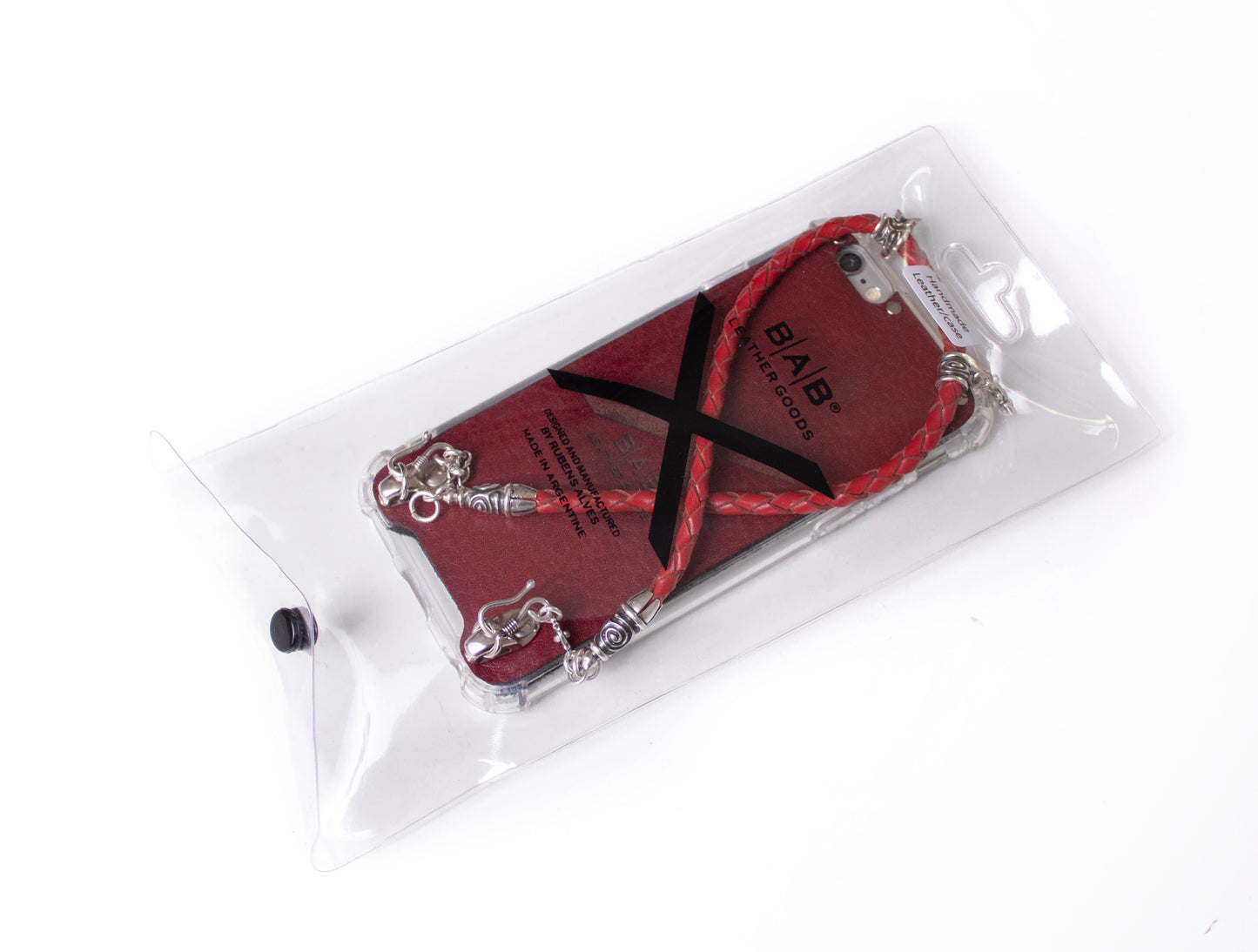 Capa em Couro Genuíno de Flor Integral curtido vegetal para iPhone/microfibra. 2 Terminais Espirais, 2 Elos, 2 Fechos S, 2 Pinos com Pingentes e 8 Argolas, todos de Prata 925 & Correia/Gargantilha/Pulseira de Couro Vermelho 4 fios trançados à mão.- F02
