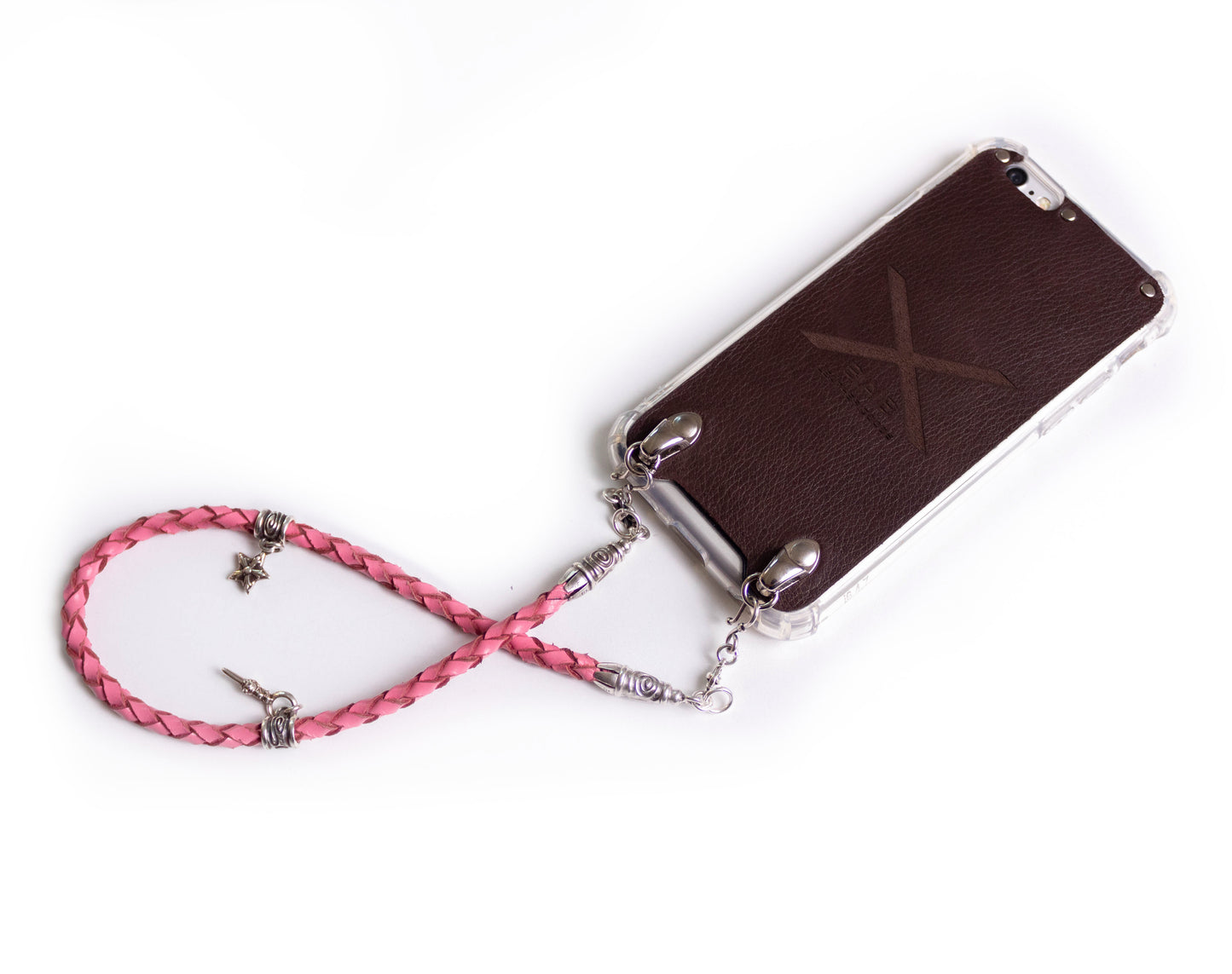 Capa para iPhone de Couro Genuíno Flor Integral curtido vegetal/microfibra. 2 Terminais Espirais, 2 Elos, 2 Fechos S, 2 Pinos com 2 Pingentes e 8 Argolas, todos de Prata 925 & Correia/Gargantilha/Pulseira de Couro Rosa com 4 fios trançados à mão.- F02