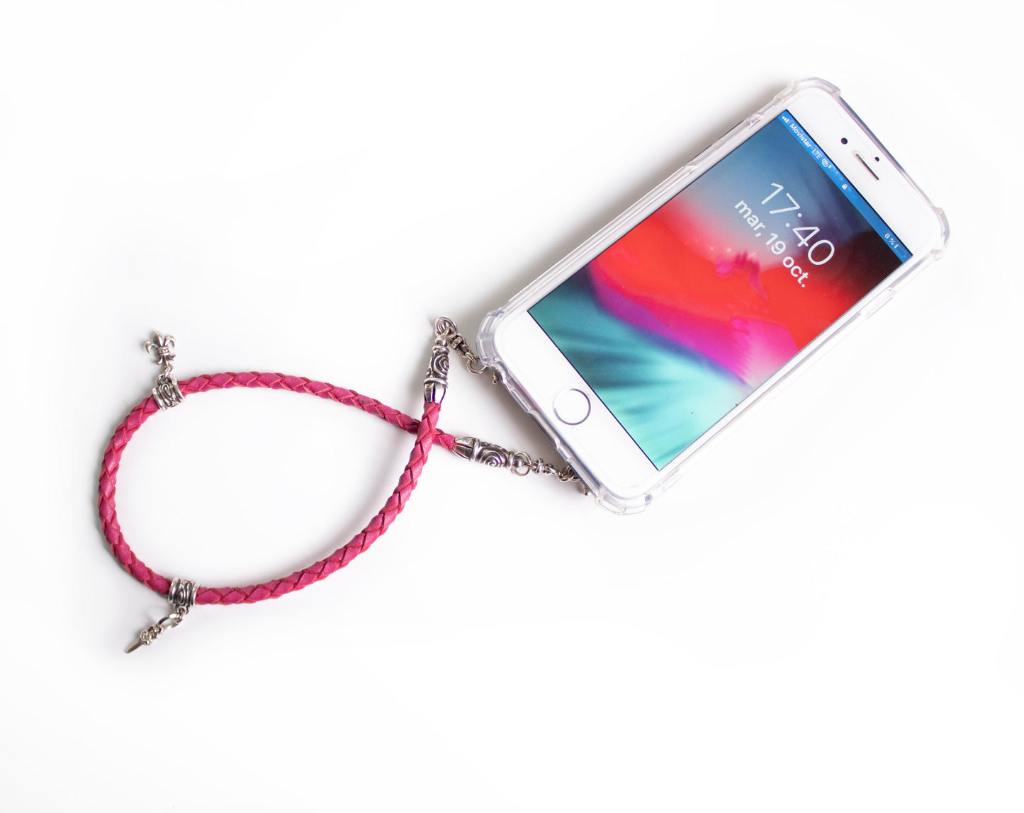 Funda de Cuero Genuino Full-Grain curtido vegetal. 2 Terminales en Espiral, 2 Eslabones, 2 Cierres S, 2 Pasadores con 2 Pendientes y 8 Argollas, de Plata 925 para iPhone/microfibra & Correa/Gargantilla/Pulsera Cuero Fucsia 4 cabos trenzados a mano.- F02