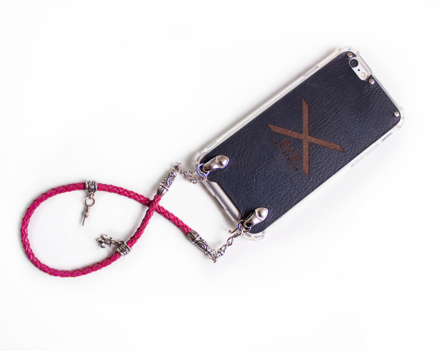 Funda de Cuero Genuino Full-Grain curtido vegetal. 2 Terminales en Espiral, 2 Eslabones, 2 Cierres S, 2 Pasadores con 2 Pendientes y 8 Argollas, de Plata 925 para iPhone/microfibra & Correa/Gargantilla/Pulsera Cuero Fucsia 4 cabos trenzados a mano.- F02