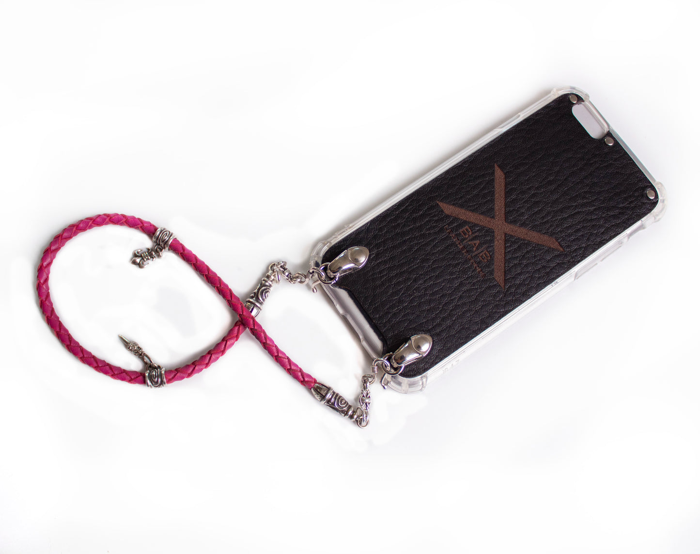 Funda de Cuero Genuino Full-Grain curtido vegetal. 2 Terminales en Espiral, 2 Eslabones, 2 Cierres S, 2 Pasadores con 2 Pendientes y 8 Argollas, de Plata 925 para iPhone/microfibra & Correa/Gargantilla/Pulsera Cuero Fucsia 4 cabos trenzados a mano.- F02