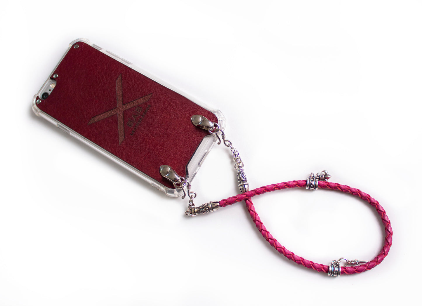 Funda de Cuero Genuino Full-Grain curtido vegetal. 2 Terminales en Espiral, 2 Eslabones, 2 Cierres S, 2 Pasadores con 2 Pendientes y 8 Argollas, de Plata 925 para iPhone/microfibra & Correa/Gargantilla/Pulsera Cuero Fucsia 4 cabos trenzados a mano.- F02