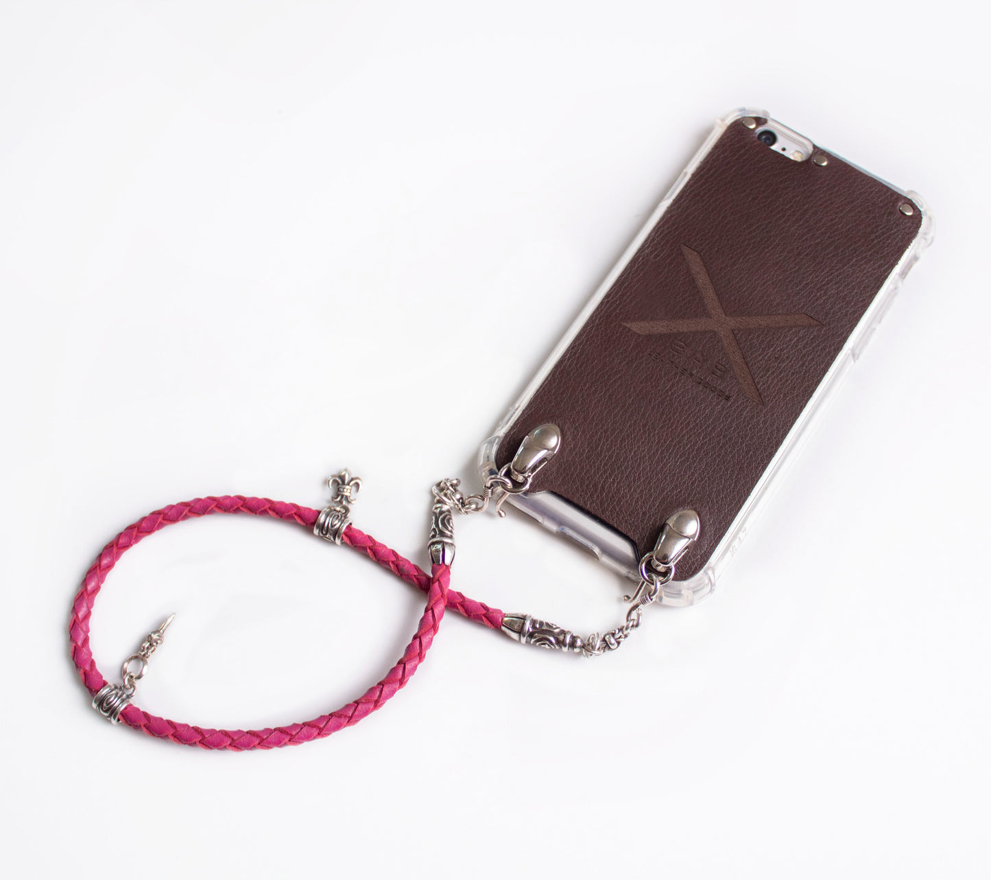 Funda de Cuero Genuino Full-Grain curtido vegetal. 2 Terminales en Espiral, 2 Eslabones, 2 Cierres S, 2 Pasadores con 2 Pendientes y 8 Argollas, de Plata 925 para iPhone/microfibra & Correa/Gargantilla/Pulsera Cuero Fucsia 4 cabos trenzados a mano.- F02