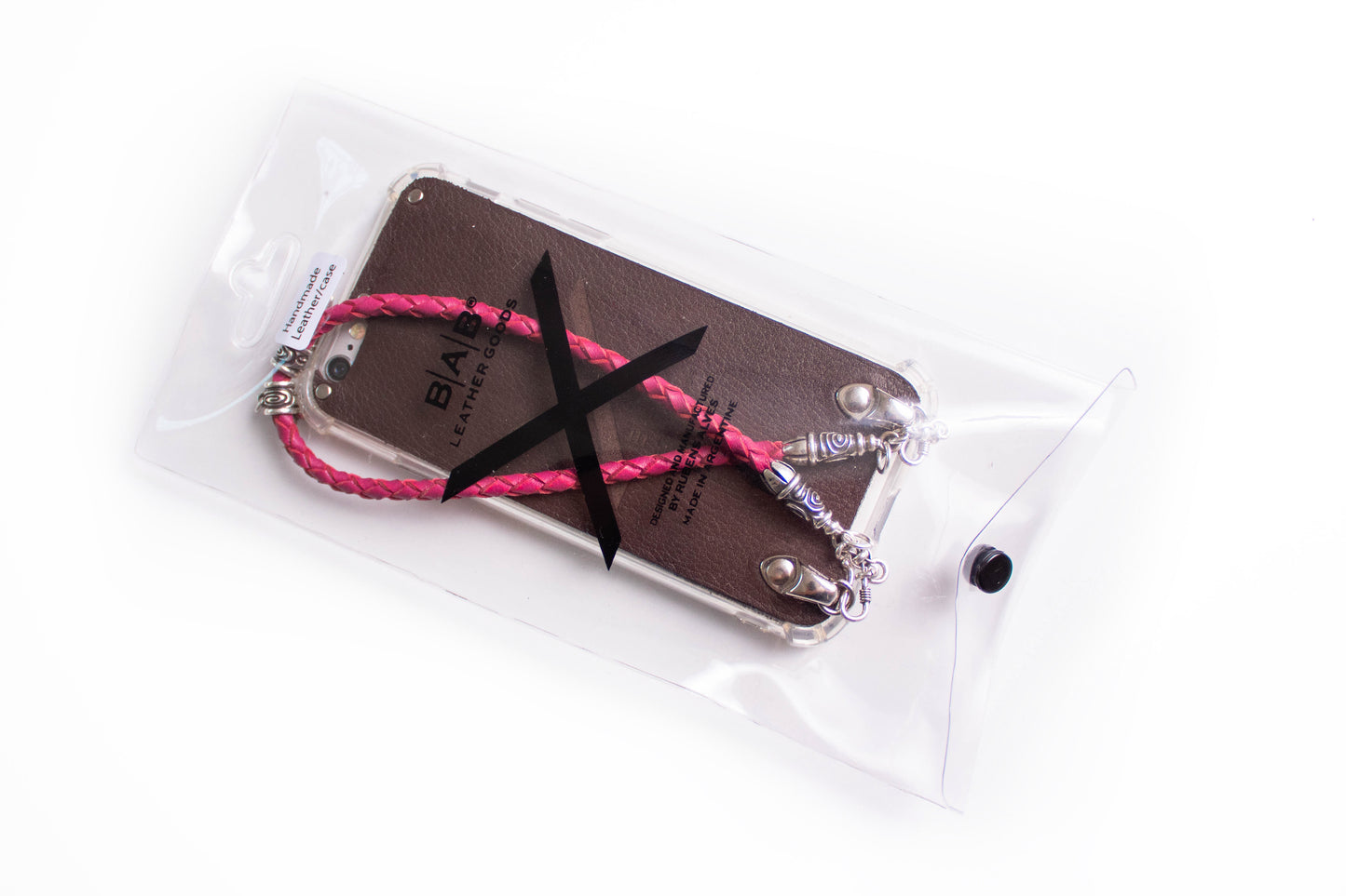 Funda de Cuero Genuino Full-Grain curtido vegetal. 2 Terminales en Espiral, 2 Eslabones, 2 Cierres S, 2 Pasadores con 2 Pendientes y 8 Argollas, de Plata 925 para iPhone/microfibra & Correa/Gargantilla/Pulsera Cuero Fucsia 4 cabos trenzados a mano.- F02