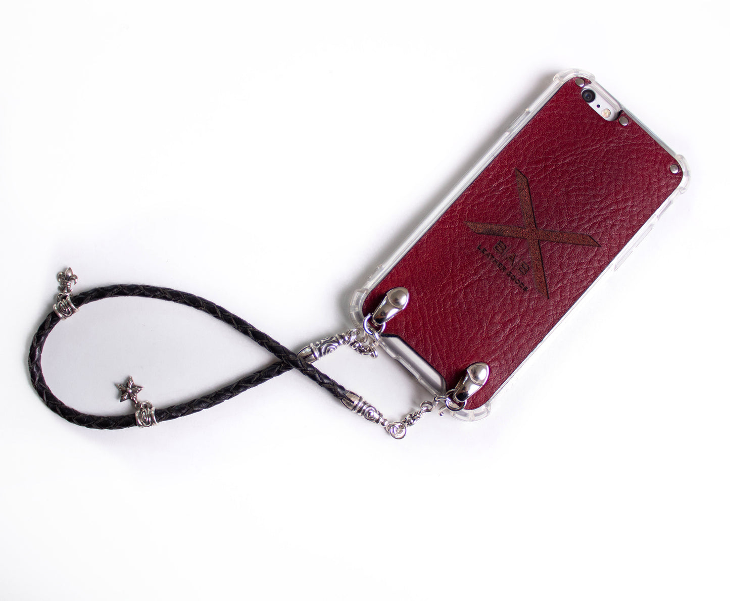 Funda de Cuero Genuino Full-Grain curtido vegetal. 2 Terminales en Espiral, 2 Eslabones, 2 Cierres S, 2 Pasadores con 2 Pendientes y 8 Argollas, de Plata 925 para iPhone/microfibra & Correa/Gargantilla/Pulsera Cuero Negro 4 cabos trenzados a mano.- F02