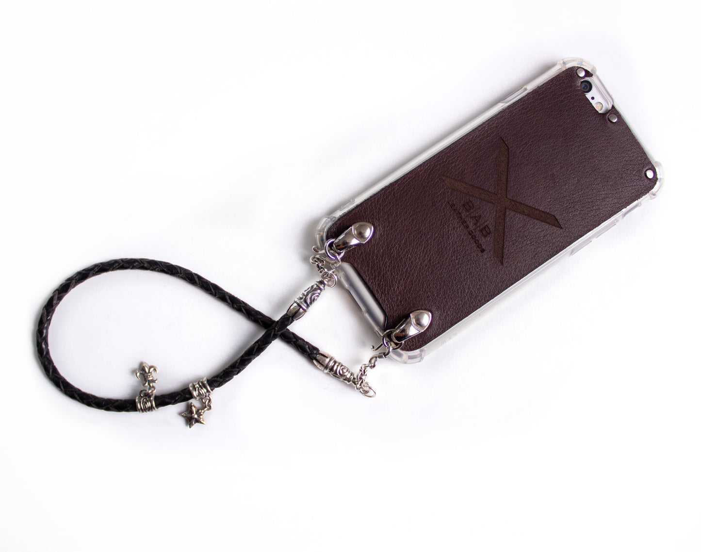 Funda de Cuero Genuino Full-Grain curtido vegetal. 2 Terminales en Espiral, 2 Eslabones, 2 Cierres S, 2 Pasadores con 2 Pendientes y 8 Argollas, de Plata 925 para iPhone/microfibra & Correa/Gargantilla/Pulsera Cuero Negro 4 cabos trenzados a mano.- F02