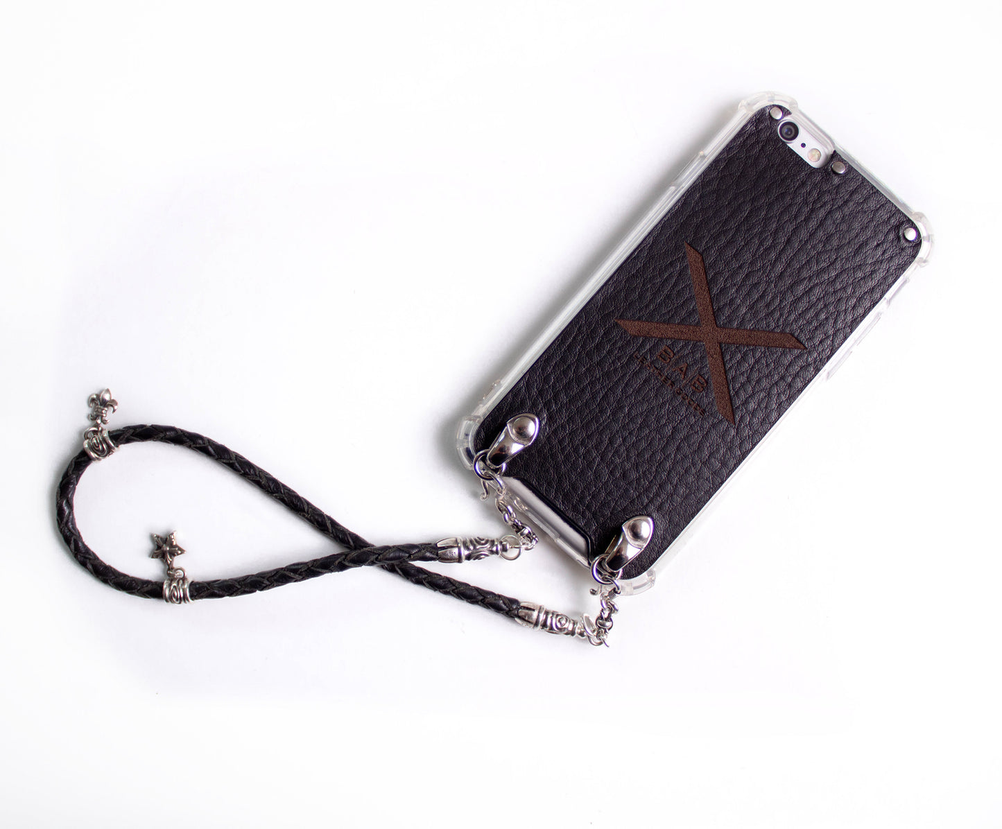 Funda de Cuero Genuino Full-Grain curtido vegetal. 2 Terminales en Espiral, 2 Eslabones, 2 Cierres S, 2 Pasadores con 2 Pendientes y 8 Argollas, de Plata 925 para iPhone/microfibra & Correa/Gargantilla/Pulsera Cuero Negro 4 cabos trenzados a mano.- F02