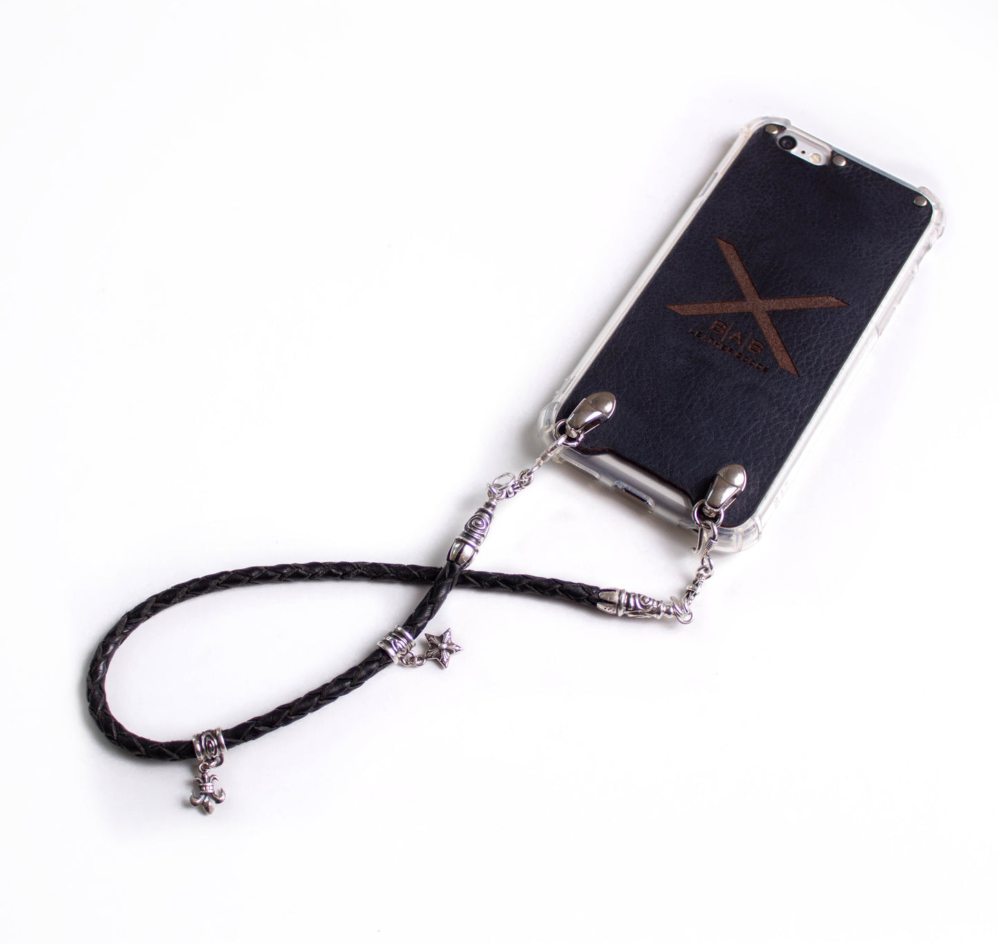 Funda de Cuero Genuino Full-Grain curtido vegetal. 2 Terminales en Espiral, 2 Eslabones, 2 Cierres S, 2 Pasadores con 2 Pendientes y 8 Argollas, de Plata 925 para iPhone/microfibra & Correa/Gargantilla/Pulsera Cuero Negro 4 cabos trenzados a mano.- F02
