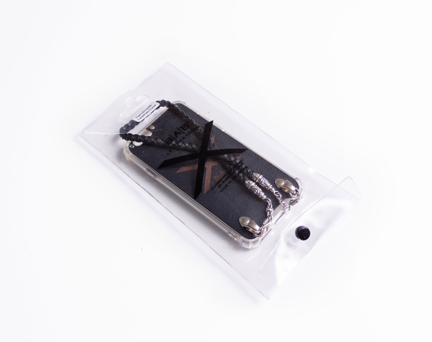 Coque pour iPhone en Cuir Véritable Pleine Fleur tanné végétal découpé et gravé au laser/microfibre. 2 Bornes en Spirales, 2 Maillons et 6 Anneaux, tous en Argent 925 & Sangle/Tour de cou/Bracelet, 3 doubles brins tressés à la main, Marron ou Noir.- F17