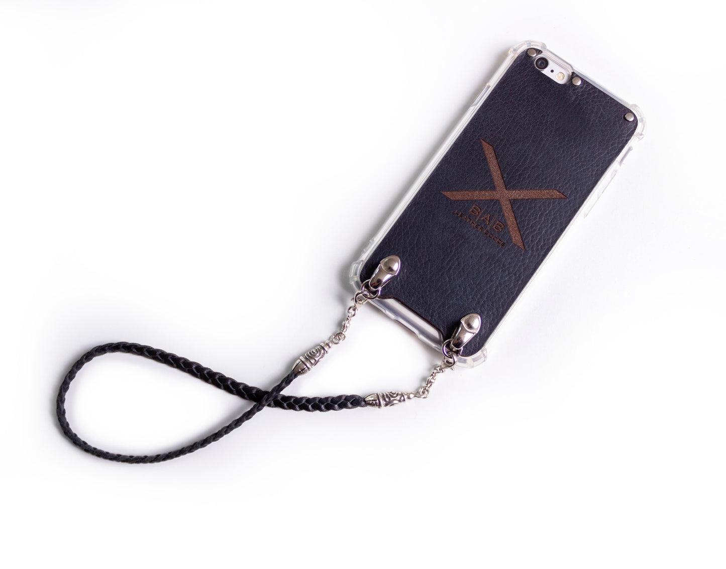 Coque pour iPhone en Cuir Véritable Pleine Fleur tanné végétal découpé et gravé au laser/microfibre. 2 Bornes en Spirales, 2 Maillons et 6 Anneaux, tous en Argent 925 & Sangle/Tour de cou/Bracelet, 3 doubles brins tressés à la main, Marron ou Noir.- F17