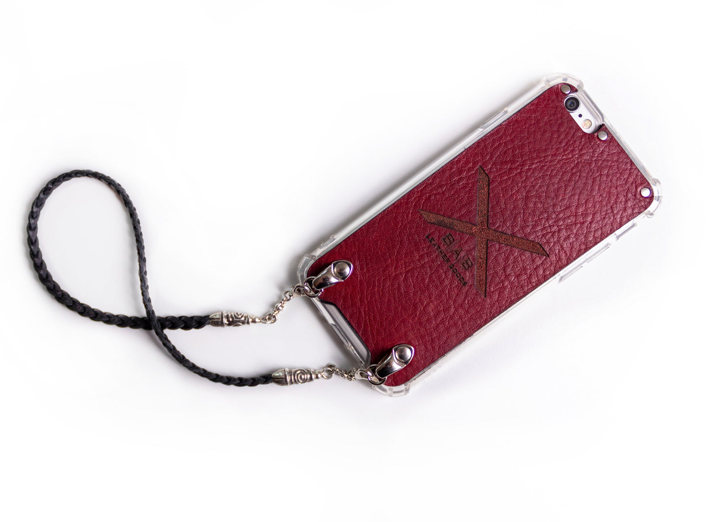 Coque pour iPhone en Cuir Véritable Pleine Fleur tanné végétal découpé et gravé au laser/microfibre. 2 Bornes en Spirales, 2 Maillons et 6 Anneaux, tous en Argent 925 & Sangle/Tour de cou/Bracelet, 3 doubles brins tressés à la main, Marron ou Noir.- F17