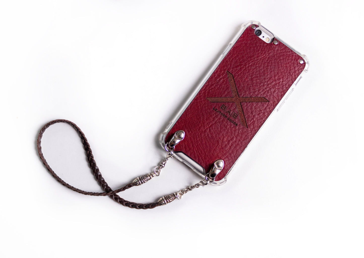 Coque pour iPhone en Cuir Véritable Pleine Fleur tanné végétal découpé et gravé au laser/microfibre. 2 Bornes en Spirales, 2 Maillons et 6 Anneaux, tous en Argent 925 & Sangle/Tour de cou/Bracelet, 3 doubles brins tressés à la main, Marron ou Noir.- F17