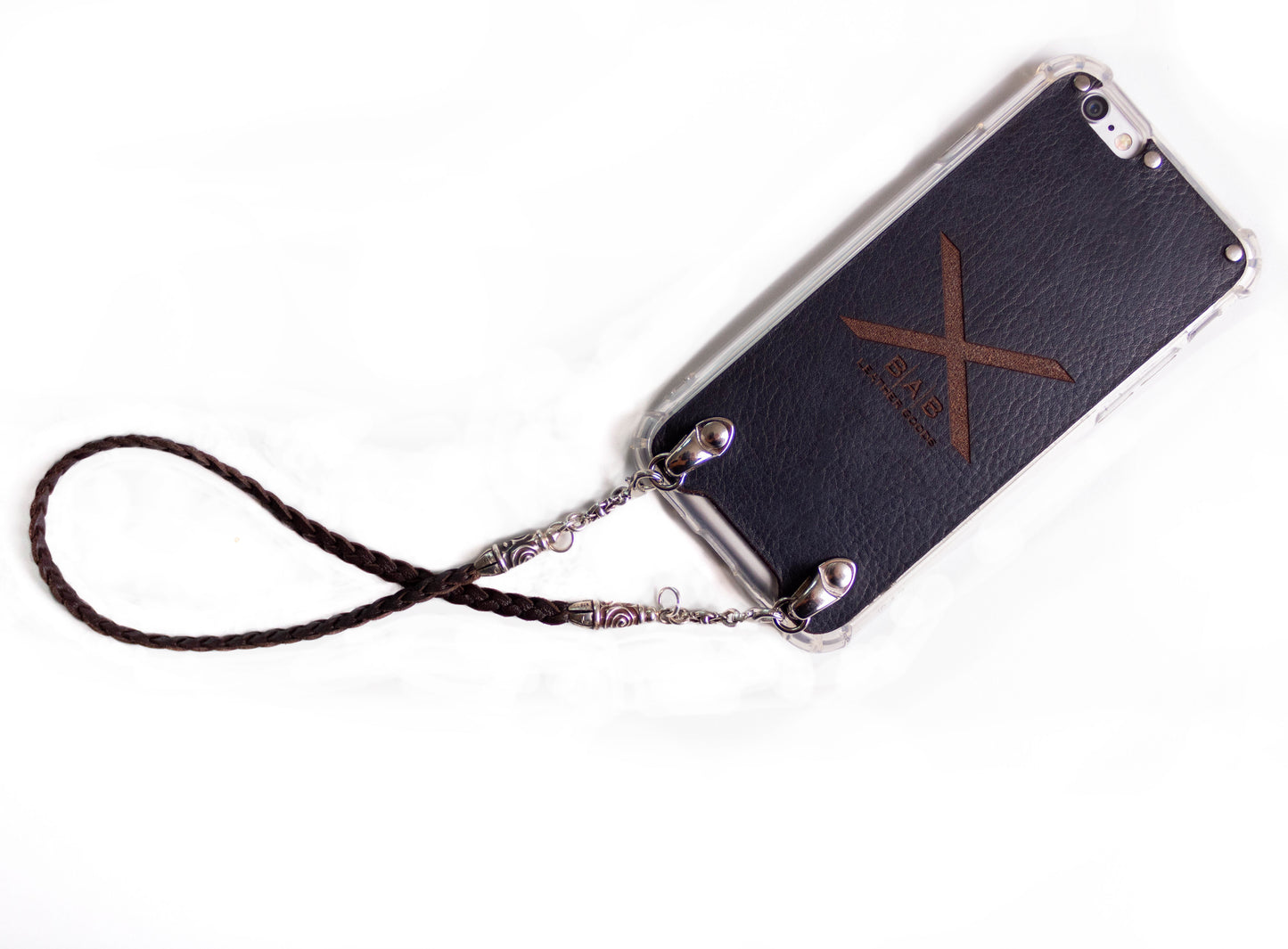 Coque pour iPhone en Cuir Véritable Pleine Fleur tanné végétal découpé et gravé au laser/microfibre. 2 Bornes en Spirales, 2 Maillons et 6 Anneaux, tous en Argent 925 & Sangle/Tour de cou/Bracelet, 3 doubles brins tressés à la main, Marron ou Noir.- F17