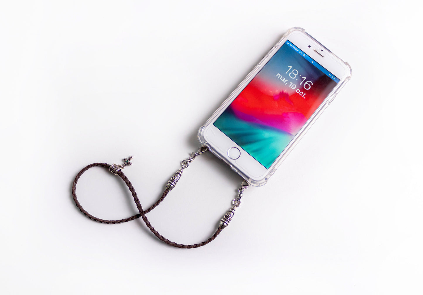 Leather iPhone Case/Microfiber. 2 Spiral Terminals, 1 Spiral Pin with Ring, 2 Links, and 1 Crucifix Pendant with 2 Emeralds and 6 Rings, all made of 925 Silver & Strap/Choker/Bracelet 3 hand-braided double strands Brown or Black.- F24