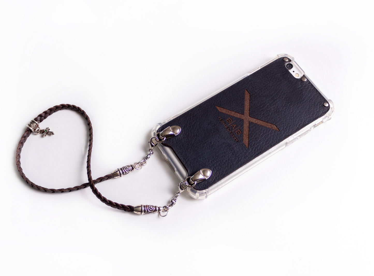 Leather iPhone Case/Microfiber. 2 Spiral Terminals, 1 Spiral Pin with Ring, 2 Links, and 1 Crucifix Pendant with 2 Emeralds and 6 Rings, all made of 925 Silver & Strap/Choker/Bracelet 3 hand-braided double strands Brown or Black.- F24