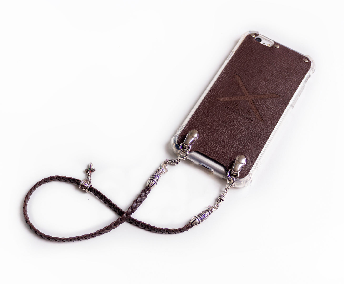 Leather iPhone Case/Microfiber. 2 Spiral Terminals, 1 Spiral Pin with Ring, 2 Links, and 1 Crucifix Pendant with 2 Emeralds and 6 Rings, all made of 925 Silver & Strap/Choker/Bracelet 3 hand-braided double strands Brown or Black.- F24