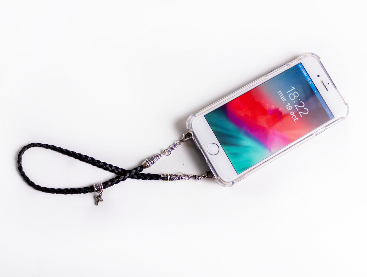 Leather iPhone Case/Microfiber. 2 Spiral Terminals, 1 Spiral Pin with Ring, 2 Links, and 1 Crucifix Pendant with 2 Emeralds and 6 Rings, all made of 925 Silver & Strap/Choker/Bracelet 3 hand-braided double strands Brown or Black.- F24