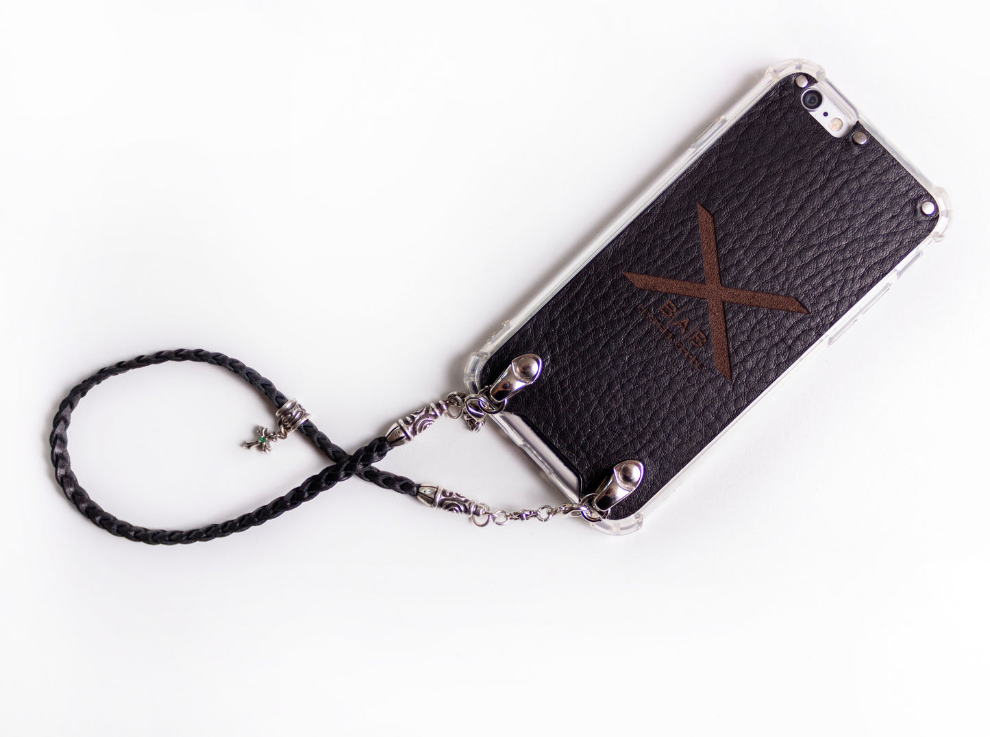 Leather iPhone Case/Microfiber. 2 Spiral Terminals, 1 Spiral Pin with Ring, 2 Links, and 1 Crucifix Pendant with 2 Emeralds and 6 Rings, all made of 925 Silver & Strap/Choker/Bracelet 3 hand-braided double strands Brown or Black.- F24