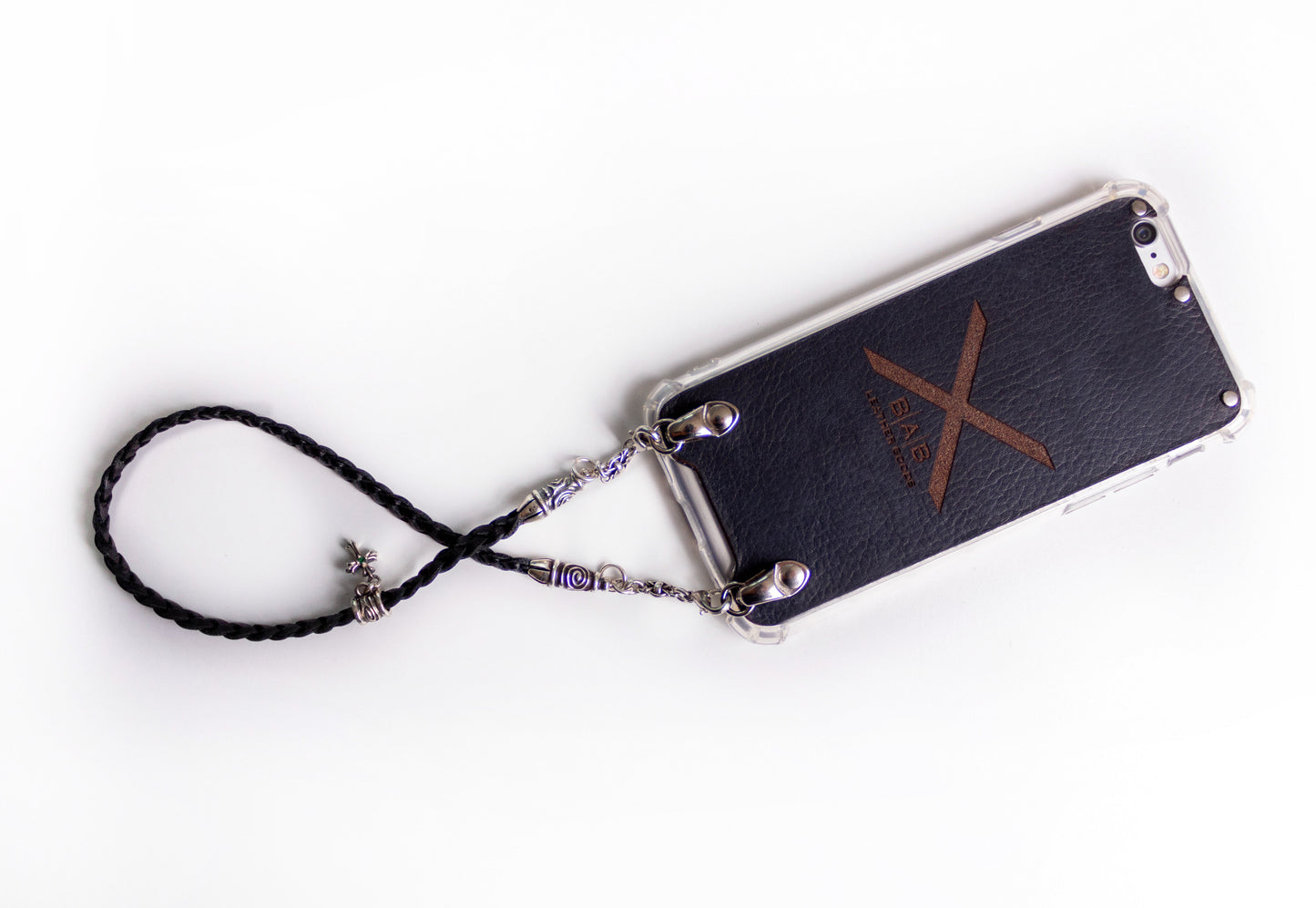 Leather iPhone Case/Microfiber. 2 Spiral Terminals, 1 Spiral Pin with Ring, 2 Links, and 1 Crucifix Pendant with 2 Emeralds and 6 Rings, all made of 925 Silver & Strap/Choker/Bracelet 3 hand-braided double strands Brown or Black.- F24